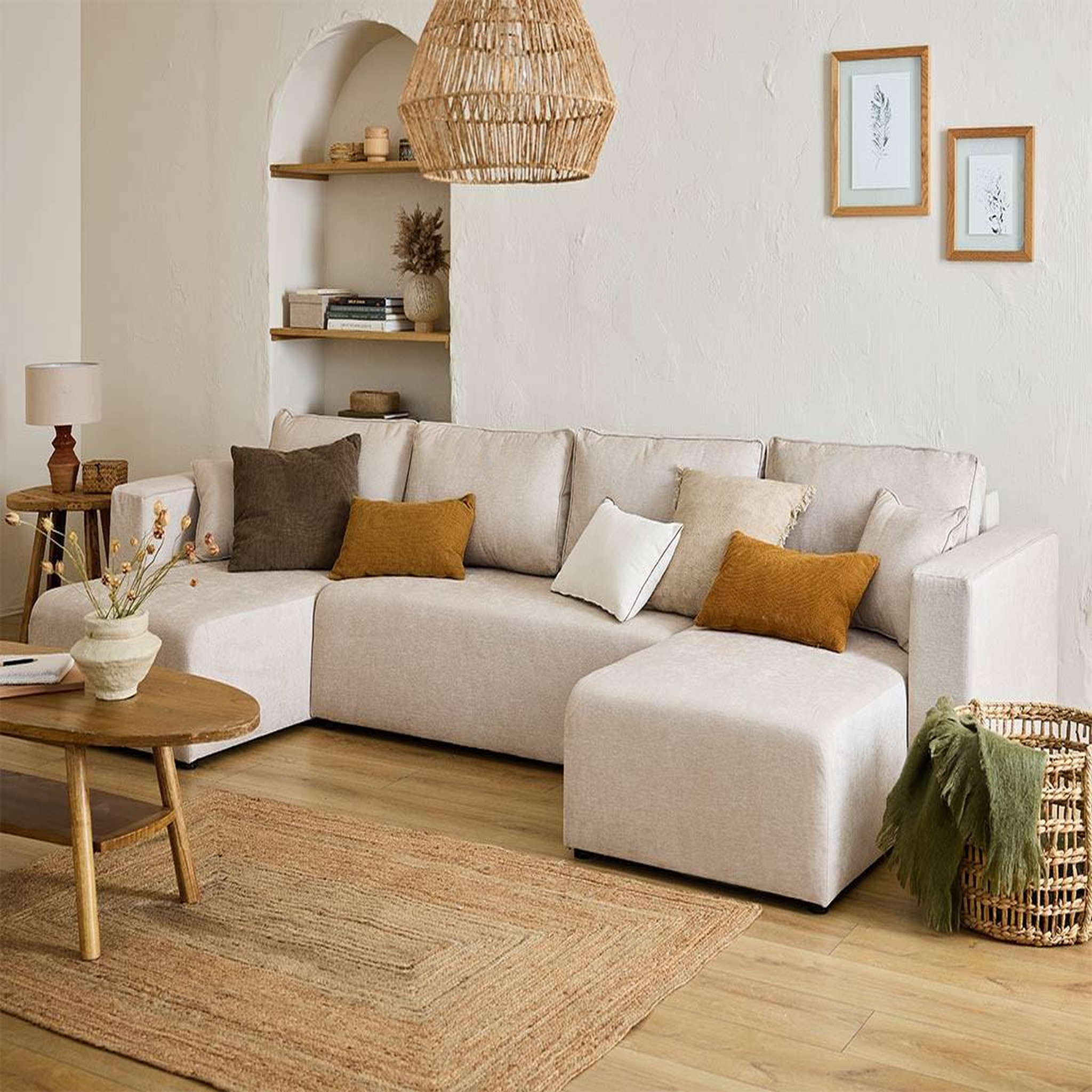 BEST MOBILIER Topaze - canapé panoramique - 7 places - convertible avec coffre - en tissu. Coloris disponibles : Vert, Orange, Bleu, Gris, Beige