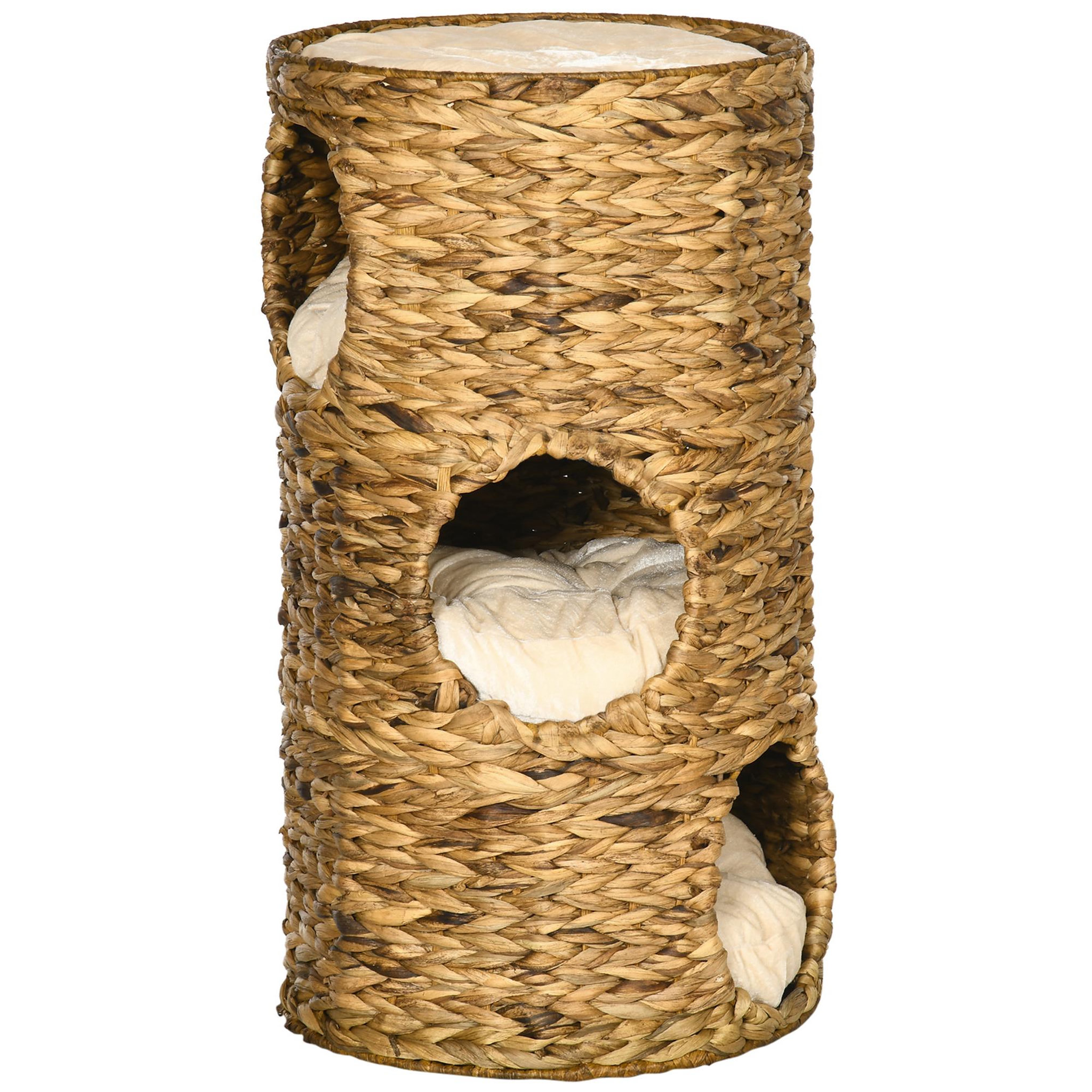 PAWHUT Tour à griffer pour chat - tonneau griffoir - 3 niveaux + plateforme - jacinthe d'eau tissu