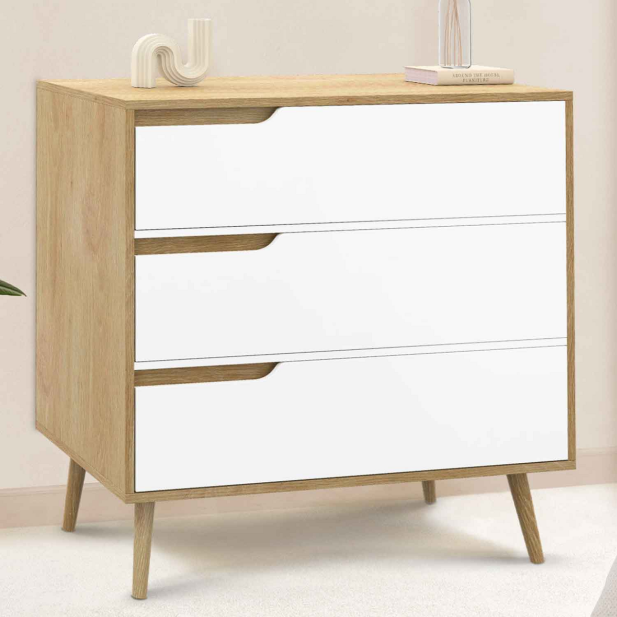 ID MARKET Commode 3 tiroirs HELSINKI 80 cm scandinave bois et blanc