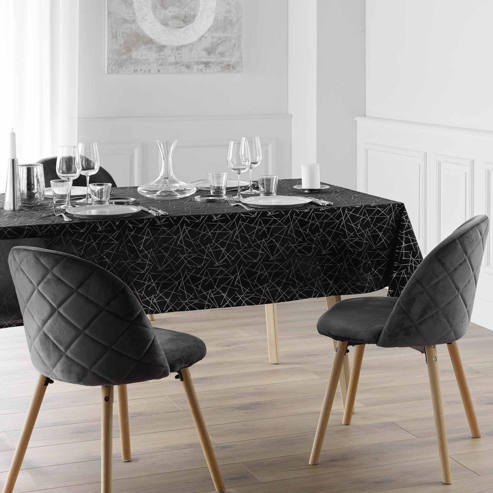 Voir la diapositive 4 : Douceur d'Intérieur Nappe antitache imprimé  mikado  140x240cm noir & argent