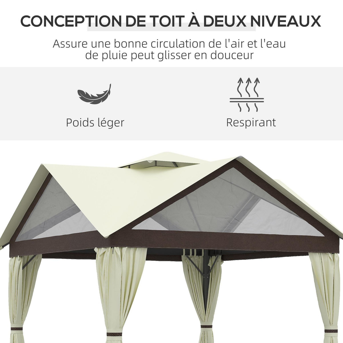 OUTSUNNY Pavillon de jardin style colonial - barnum double toit, 4 fenêtres, rideaux - dim. 3,5L x 3,5l x 3,33H m - métal noir polyester marron beige