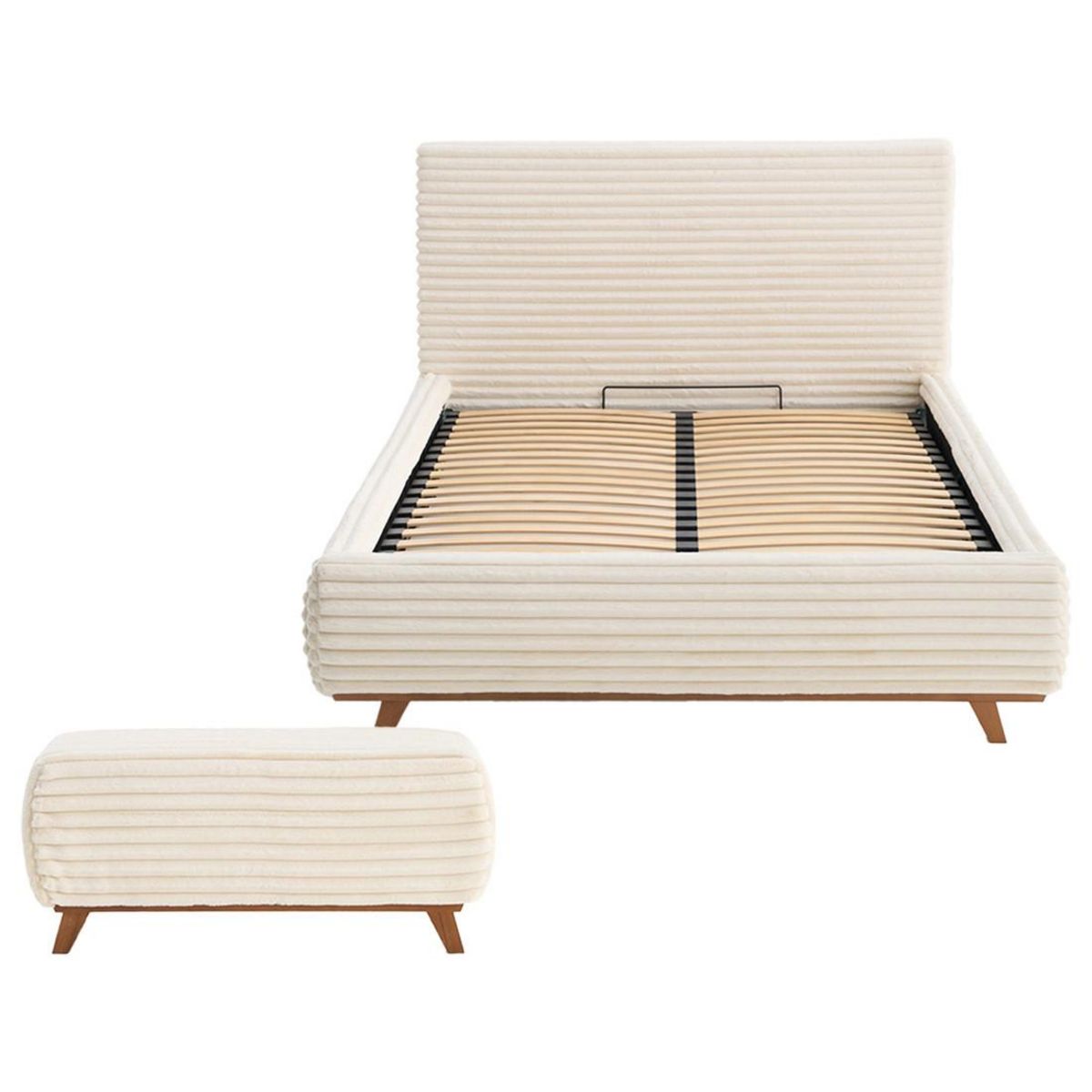 BEST MOBILIER Cristal - lit coffre avec bout de lit - 160x200 - sommier inclus - fausse fourrure côtelée