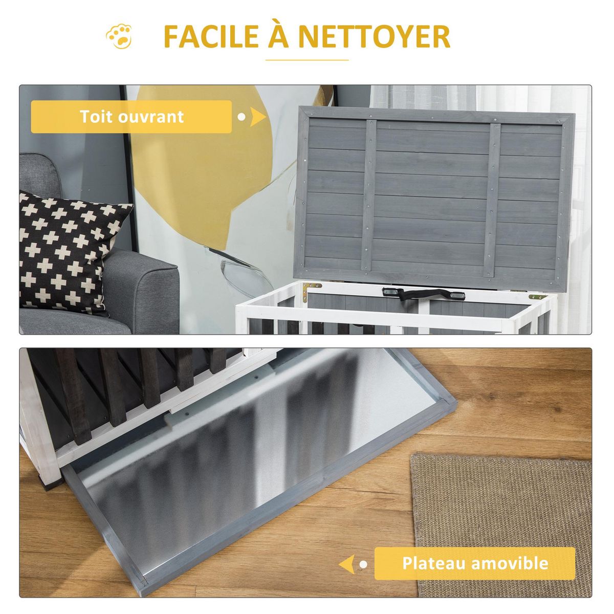 PAWHUT Cage pour chien animaux pliable dim. 84L x 51l x 61H cm porte verrouillable toit ouvrant plateau déjection bois sapin gris blanc noir