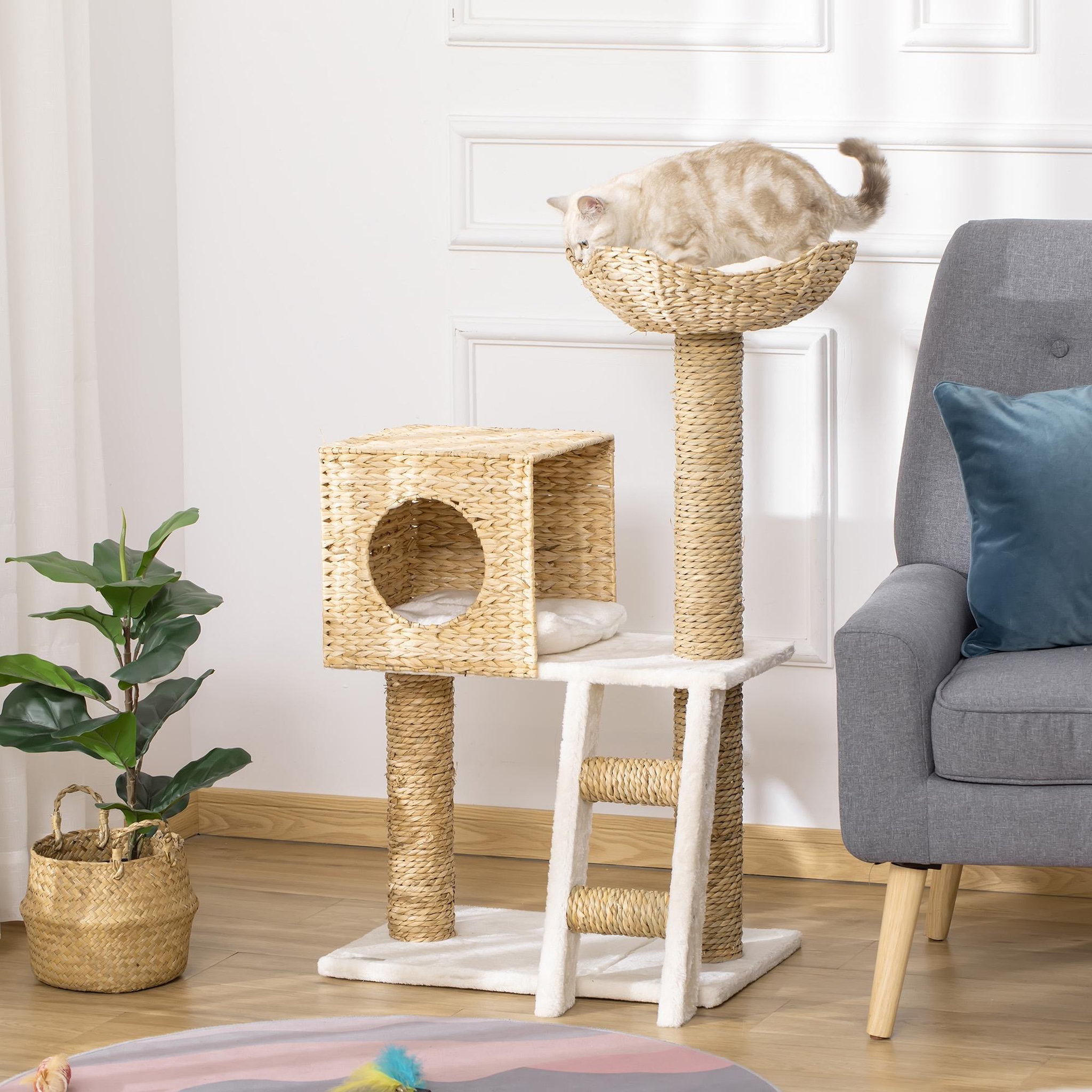 Voir la diapositive 2 : PAWHUT Arbre à chat style cosy chic griffoirs quenouille échelle niche panier 2 coussins inclus peluche courte polyester haute densité crème beige
