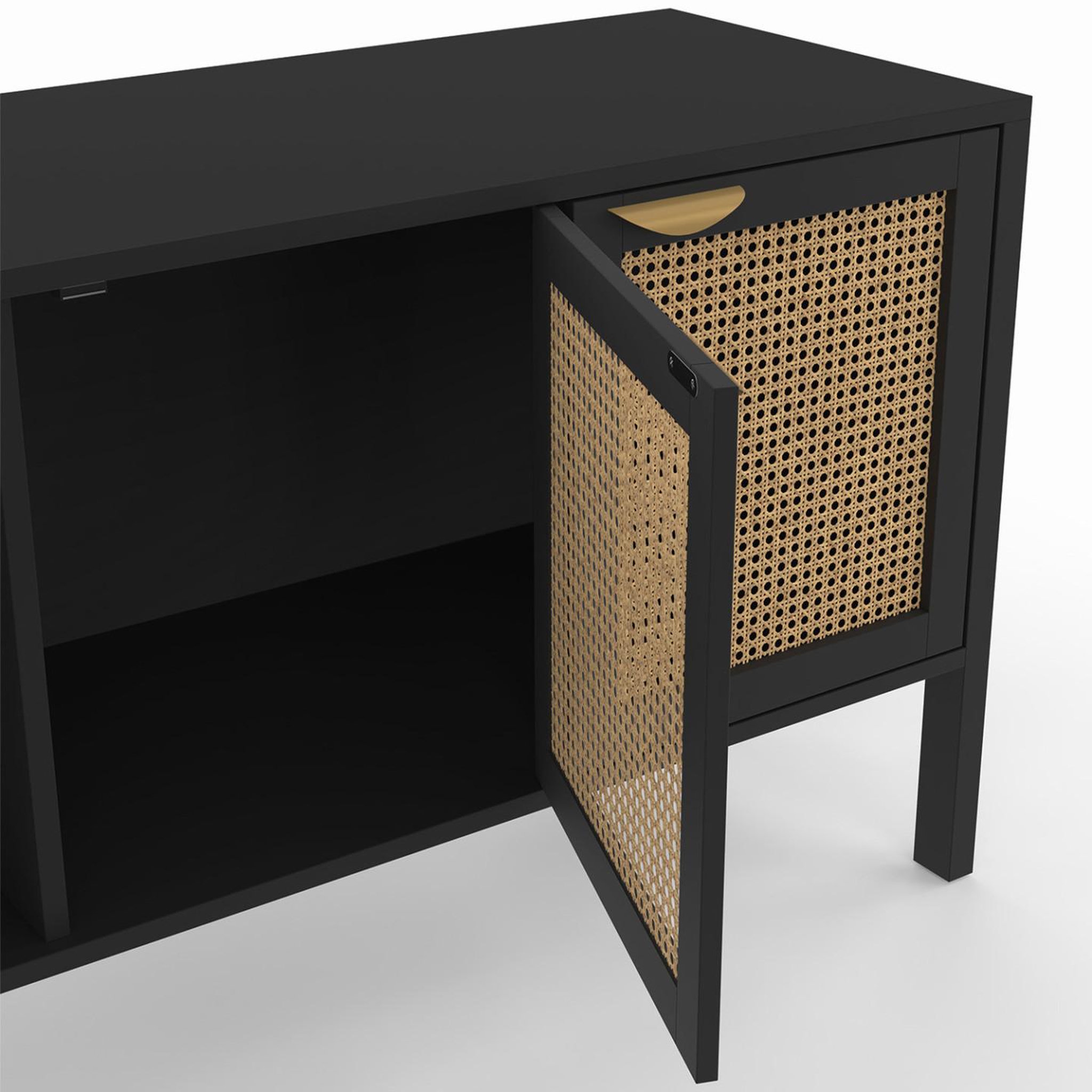 Voir la diapositive 6 : ID MARKET Buffet bas 110 cm edhen 3 portes bois noir et cannage