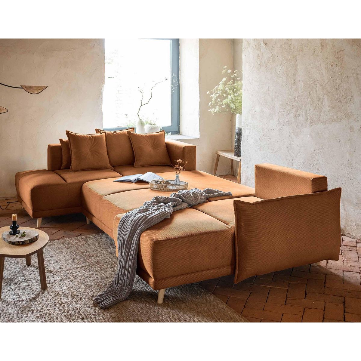 BEST MOBILIER Lena - canapé panoramique d'angle gauche 7 places - convertible avec coffre - en velours côtelé