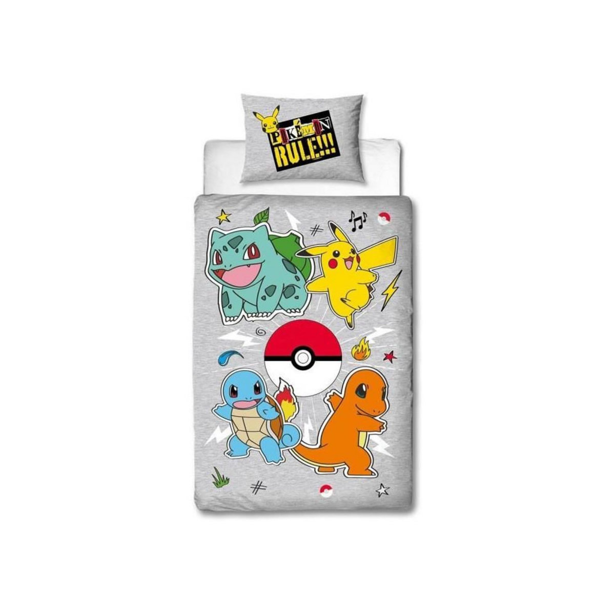 Pokemon Parure de lit réversible - POKEMON - Pikachu et Starter - Gris - Microfibre - 1 housse de couette 140 x 200 cm + 1 taie 63 x 63