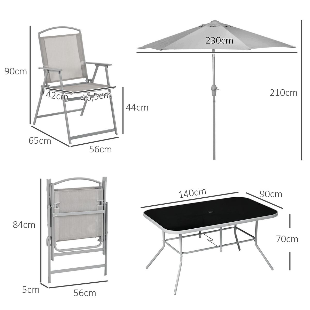 OUTSUNNY Ensemble salon de jardin 6 places 8 pièces - parasol, table, 6 chaises pliantes - métal époxy textilène polyester gris