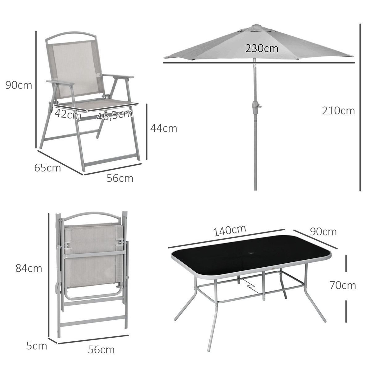 OUTSUNNY Ensemble salon de jardin 6 places 8 pièces - parasol, table, 6 chaises pliantes - métal époxy textilène polyester gris