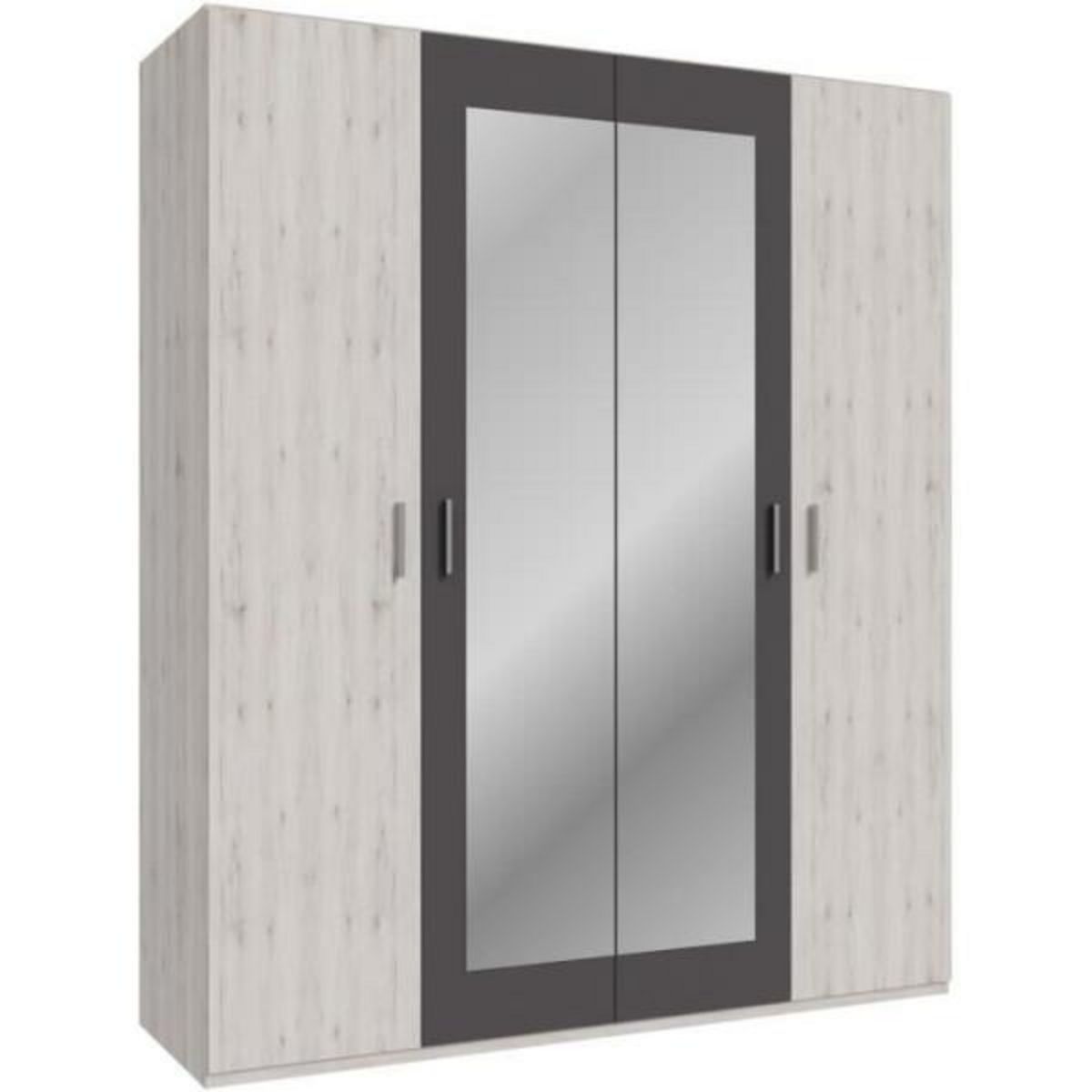 MARKET24 Armoire de chambre - ADRIA - Décor Chene cendré / Gris foncé - 4 portes battantes - 2 miroirs - L177,5 x P54,2 x H210,5 cm