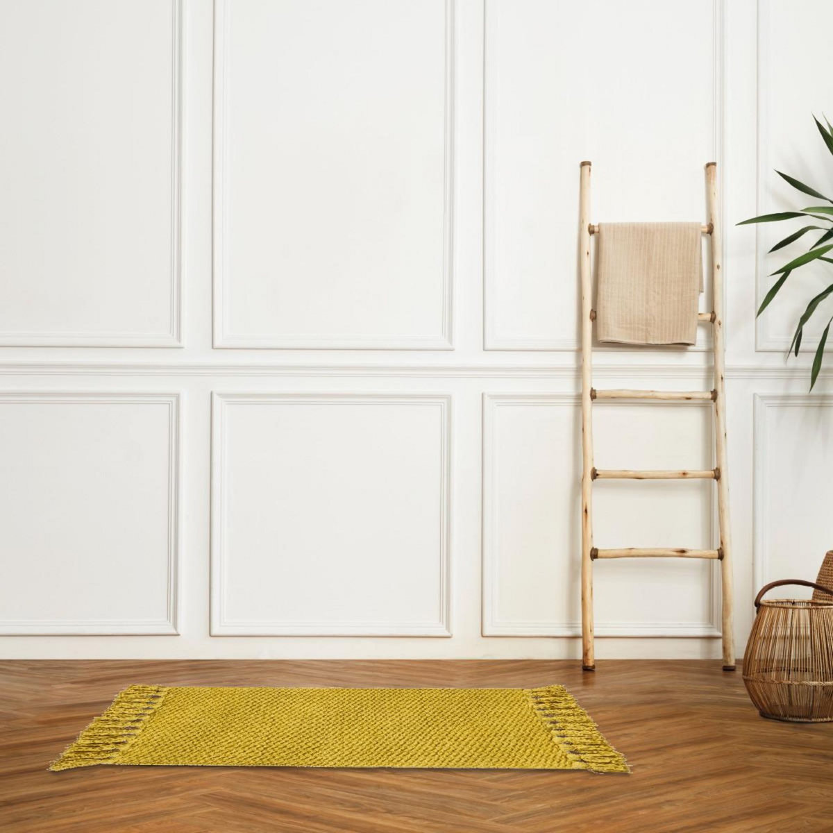 GUY LEVASSEUR Tapis de bain déco uni à pompons en coton chenille 50x80cm