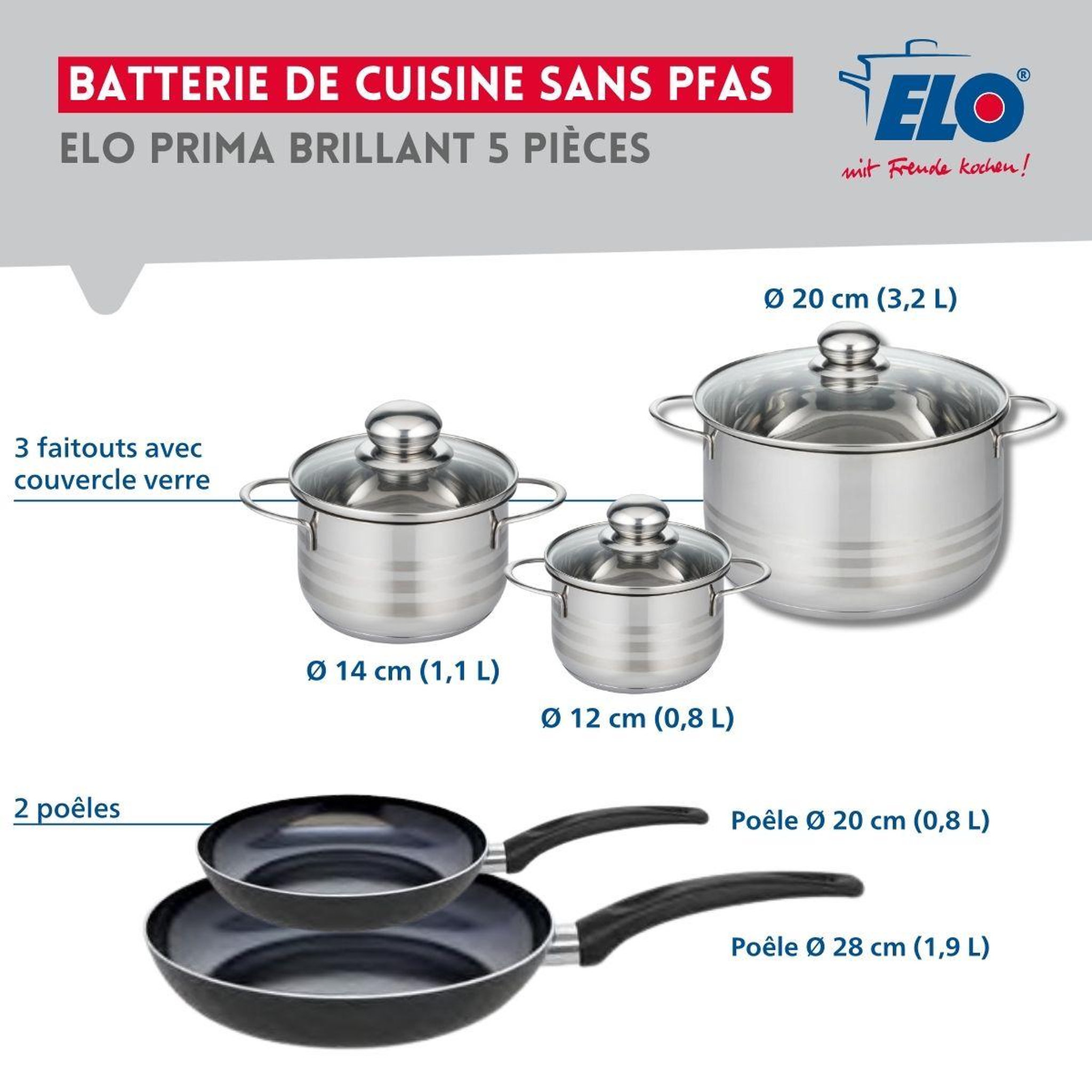 Voir la diapositive 2 : ELO Ensemble de 2 poêles de cuisson 20 et 28 cm et 3 faitouts 12, 14 et 20 cm elo prima brillant