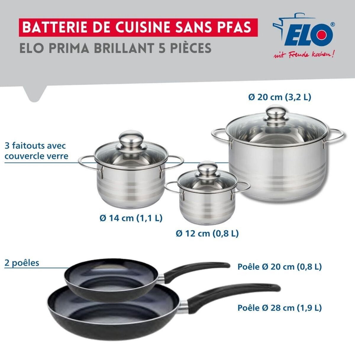 ELO Ensemble de 2 Poêles de cuisson 20 et 28 cm et 3 faitouts 12, 14 et 20 cm Elo Prima Brillant