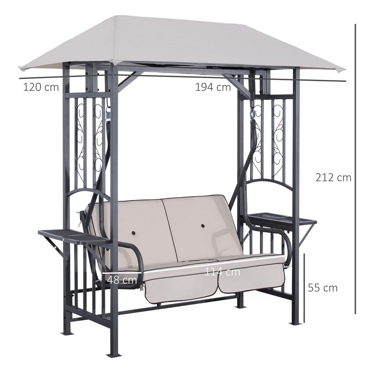 OUTSUNNY Balancelle de jardin 2 places style colonial grand confort matelas + tablettes supports métal époxy gris foncé polyester gris clair