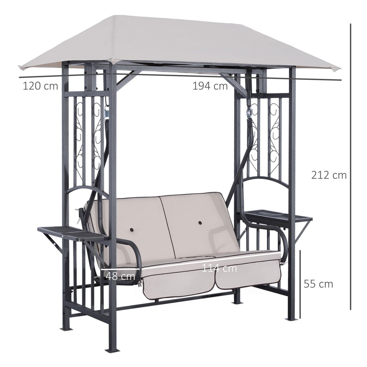 OUTSUNNY Balancelle de jardin 2 places style colonial grand confort matelas + tablettes supports métal époxy gris foncé polyester gris clair