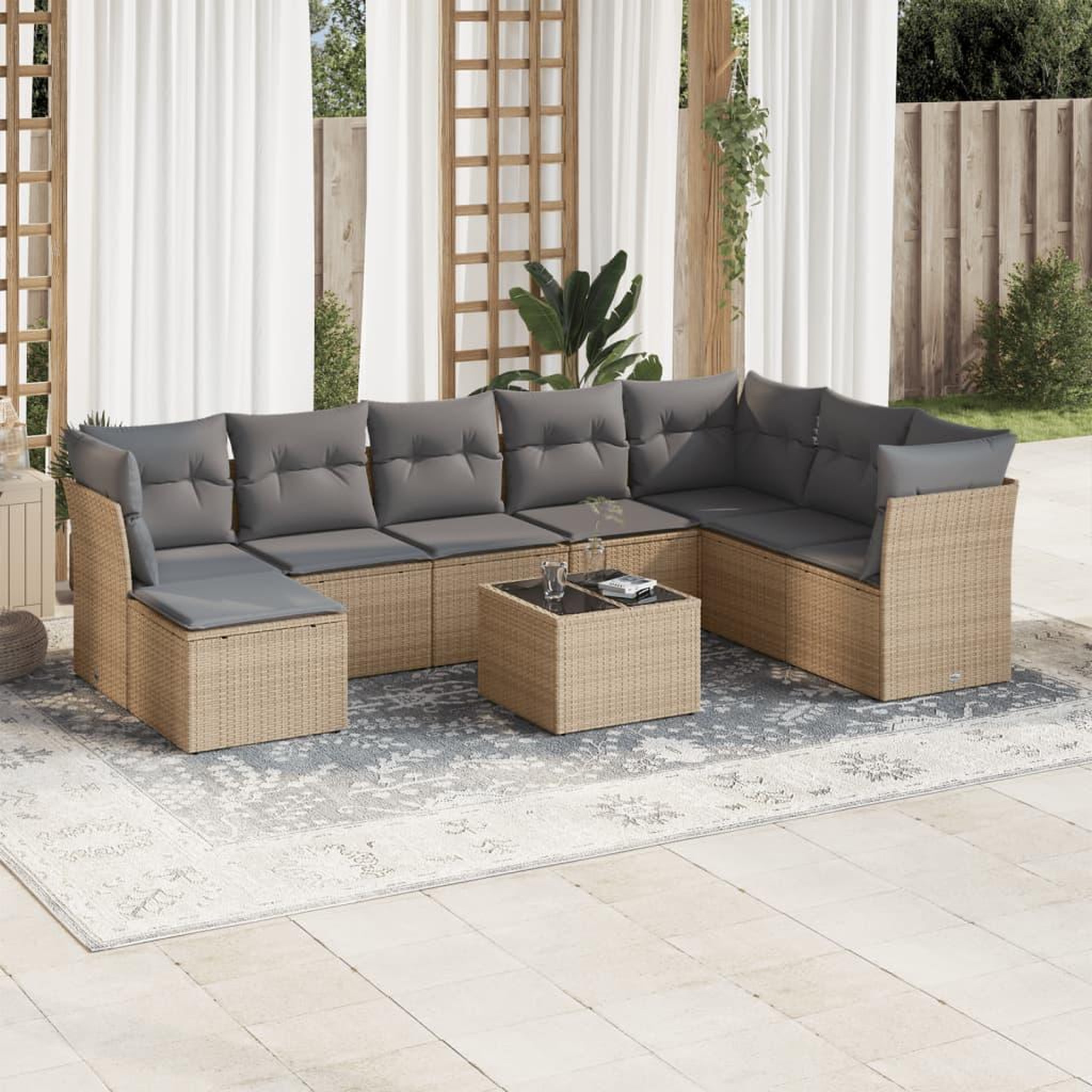 VIDAXL Salon de jardin avec coussins 9 pcs beige resine tressee