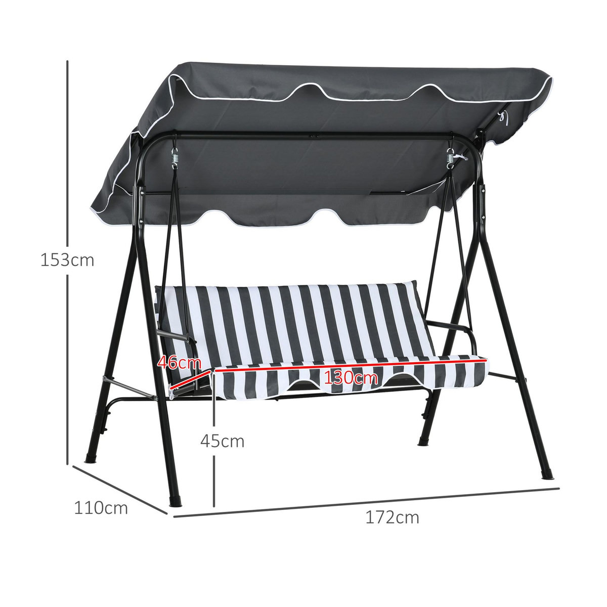 OUTSUNNY Balancelle de jardin 3 places toit réglable acier polyester blanc gris rayé