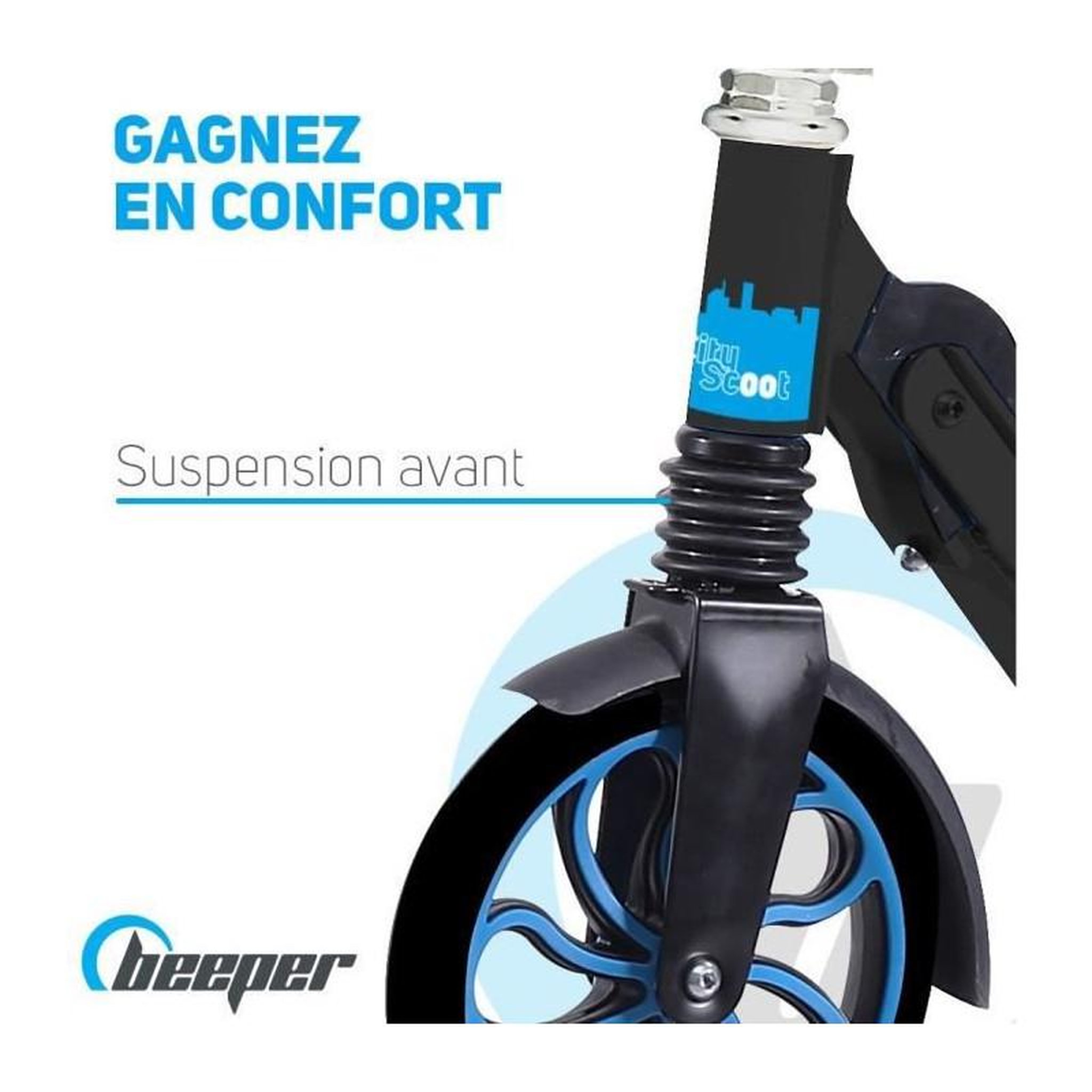 Voir la diapositive 6 : BEEPER Trottinette mécanique - Adulte/Ados - Beeper City Scoot - Roues 8'' - Suspension avant - Cadre Noir - Avec frein guidon