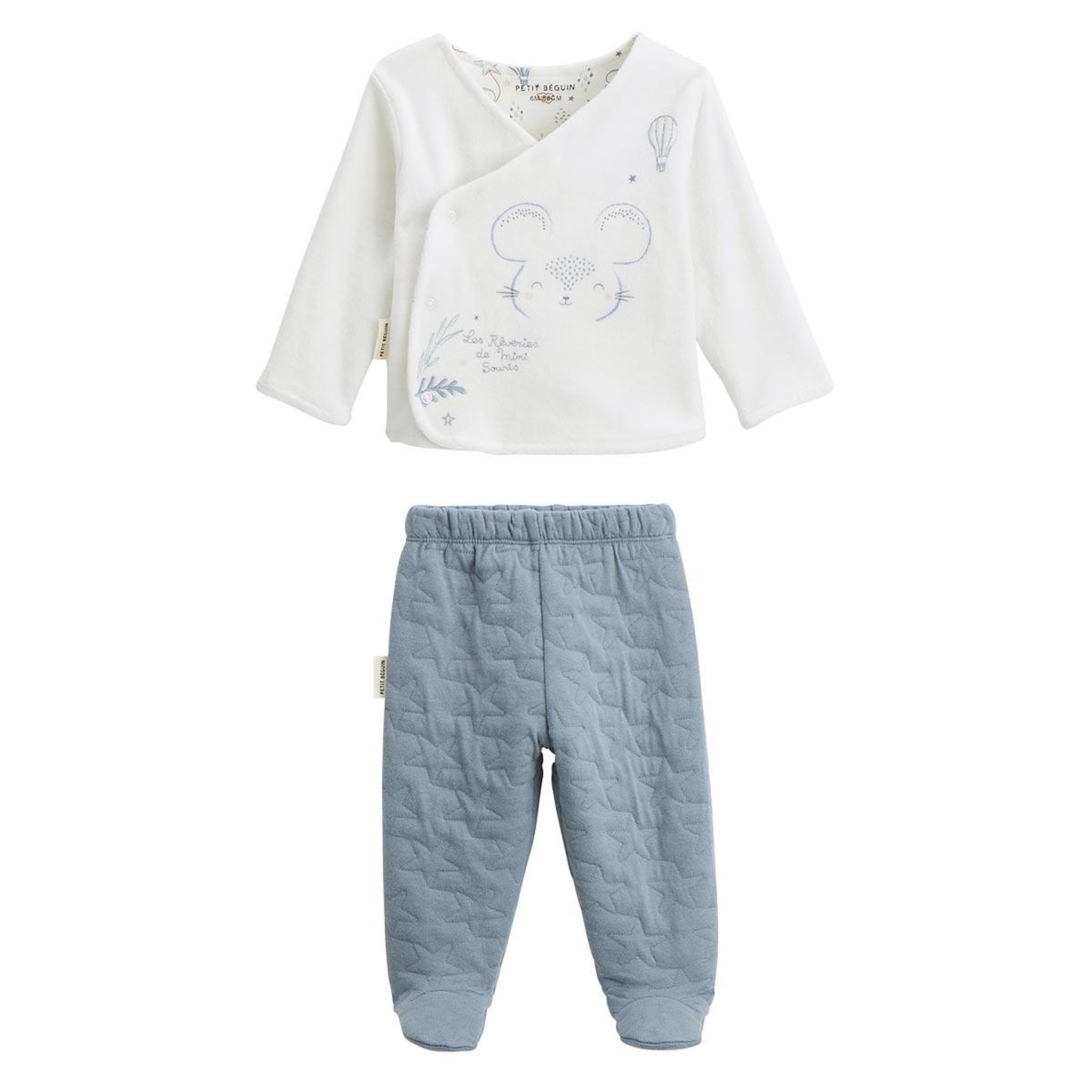 Petit Béguin Ensemble bébé gilet en velours et pantalon en coton matelassé Rêverie. Coloris disponibles : Bleu