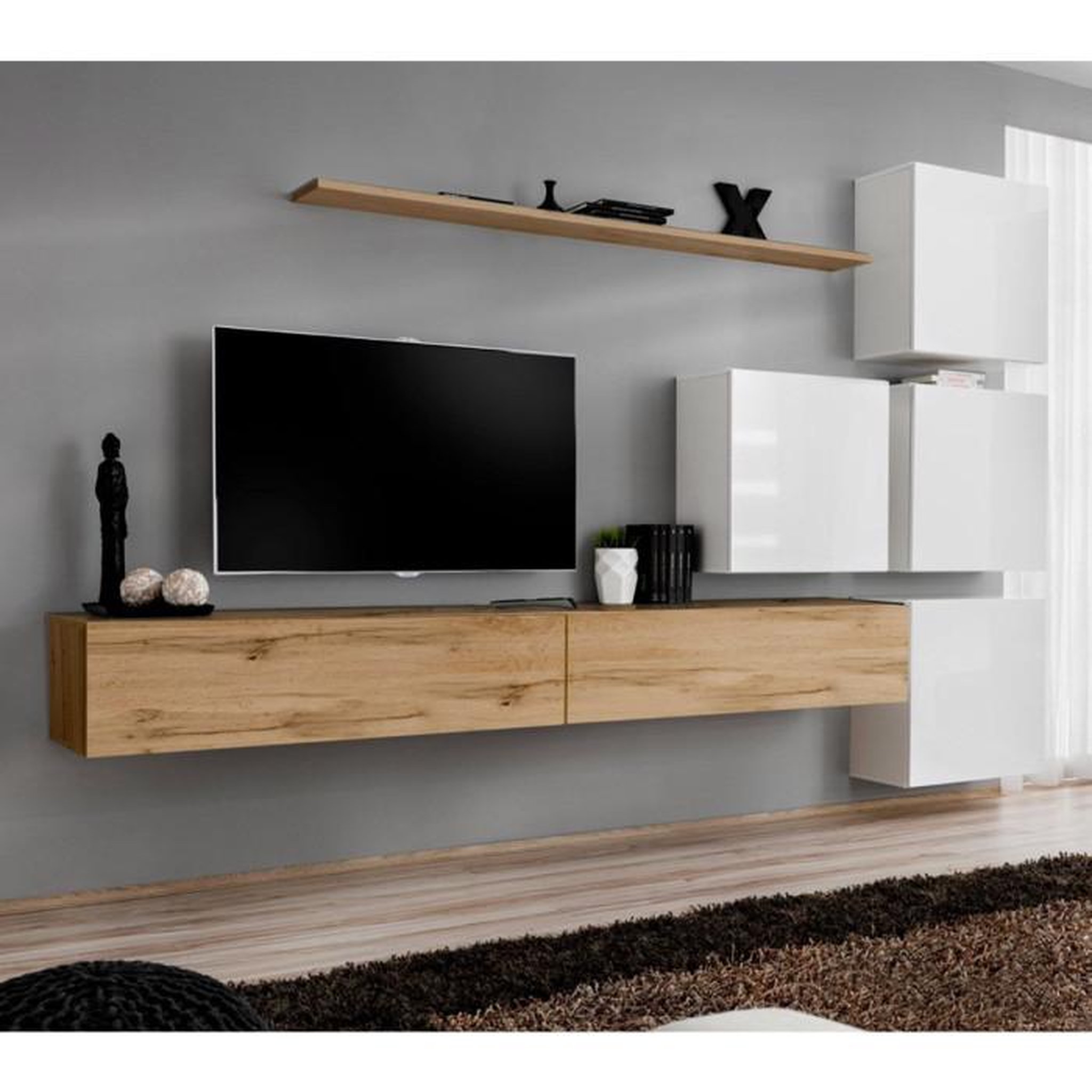 Voir la diapositive 1 : Paris Prix Meuble TV Mural Design  Switch IX  310cm Naturel & Blanc
