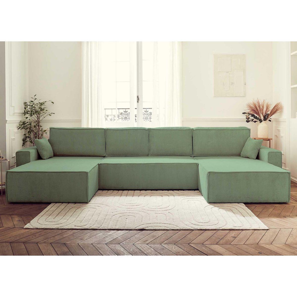 BEST MOBILIER Dellia - canapé panoramique en u - 7 places - convertible - avec coffre - en velours côtelé