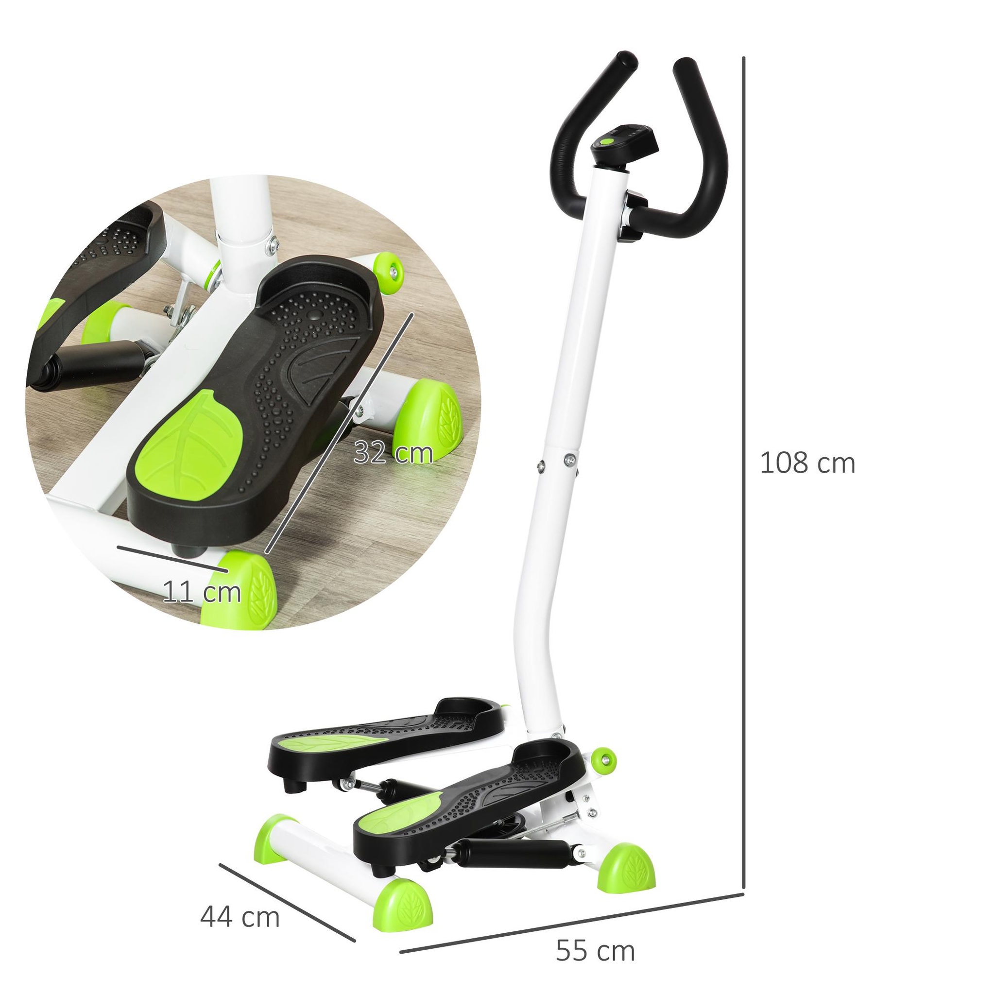 Voir la diapositive 3 : HOMCOM Stepper fitness avec guidon ergonomique - écran lcd multifonction - résistance réglable - acier blanc vert noir