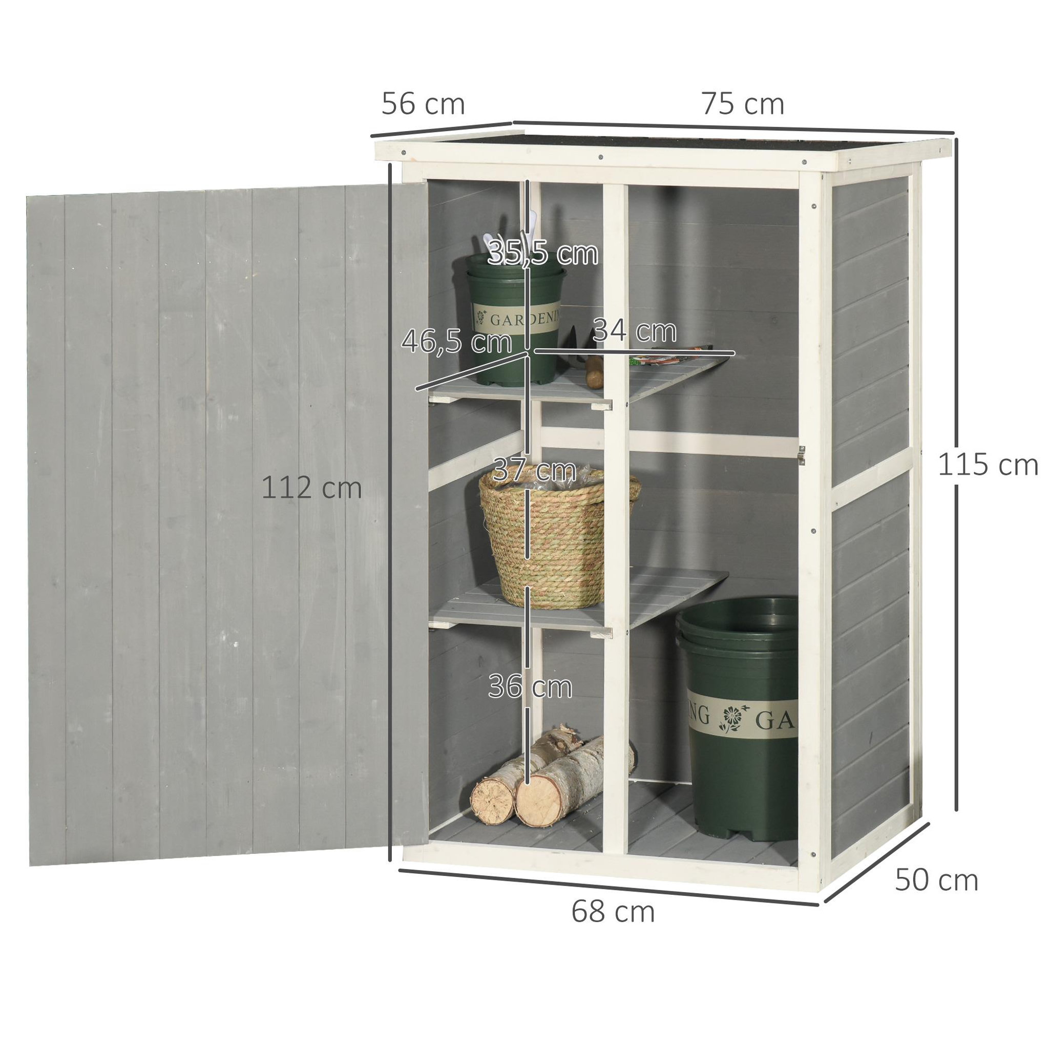 Voir la diapositive 3 : OUTSUNNY Armoire abri de jardin remise pour outils - grande porte verrouillable loquet - 2 étagères - toit bitumé incliné bois de sapin blanc gris