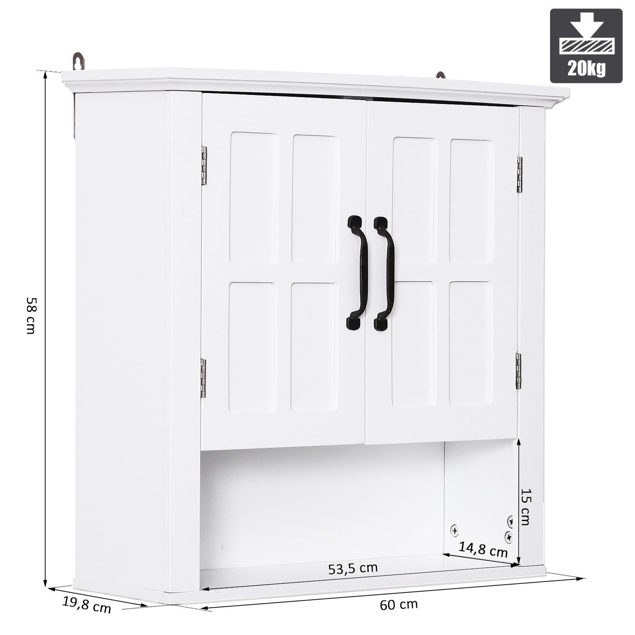 Voir la diapositive 3 : HOMCOM Armoire haute murale de salle de bain ou wc placard 2 portes 2 étagères niche dim. 60l x 20l x 58h cm mdf panneaux particules blanc