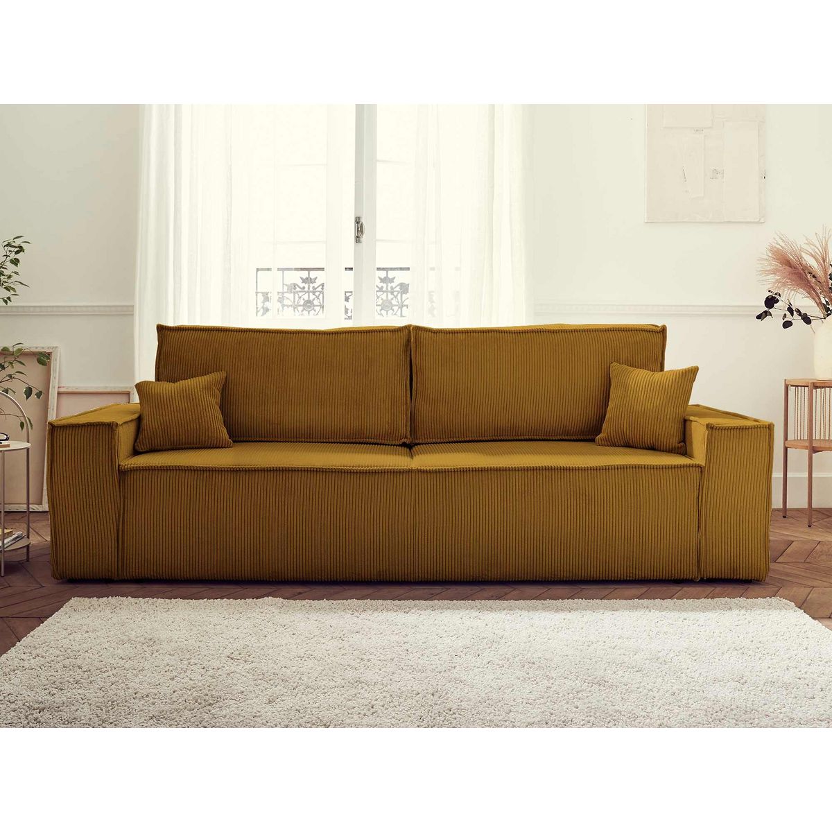 BEST MOBILIER Dellia - canapé 3 places convertible - avec coffre - en velours côtelé - style contemporain