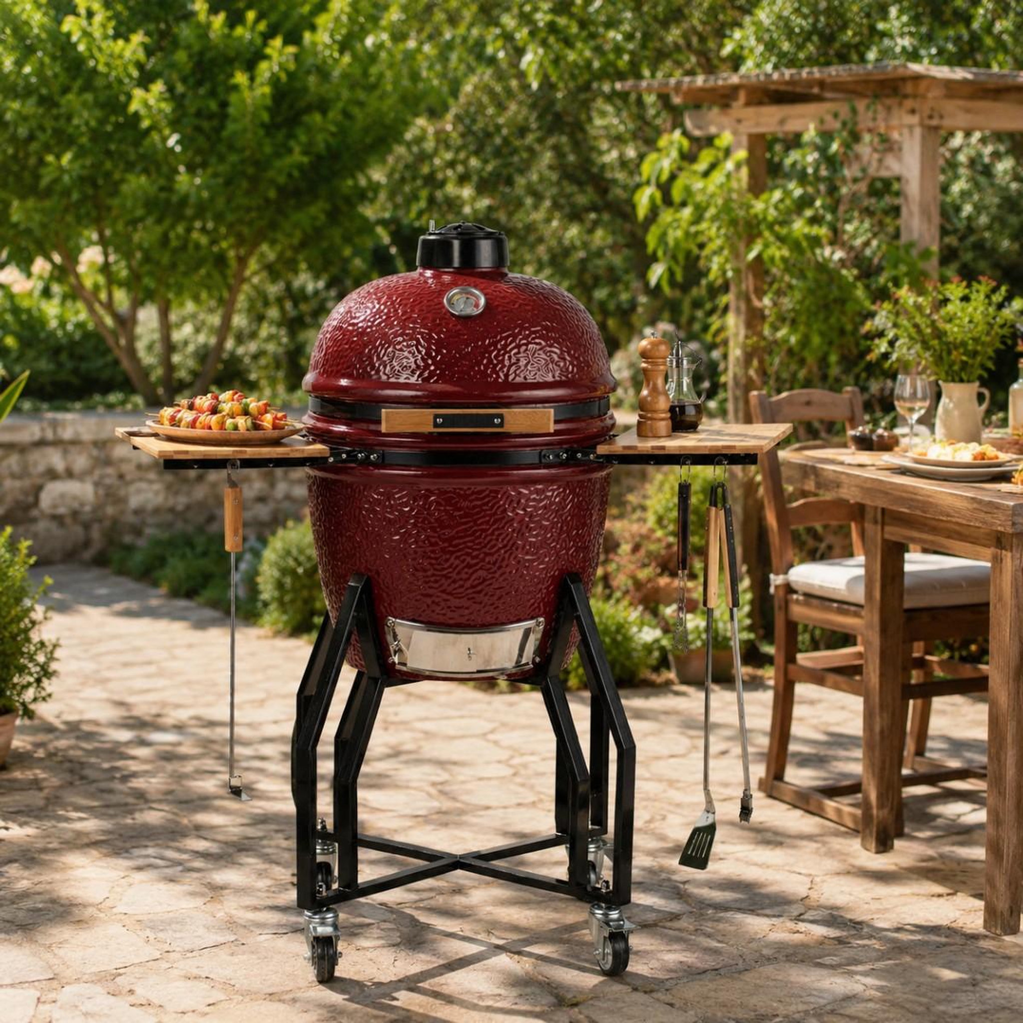 Voir la diapositive 3 : INTEC Barbecue à charbon de bois céramique kamado rouge 2 zones de cuisson grill & fumoir ø56cm - barbecue mobile + 2 tablettes intec