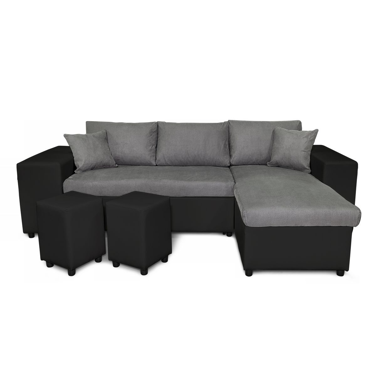 Canapé d'angle convertible avec coffre 3 places + 2 poufs à gauche et étagère à droite  MACHA