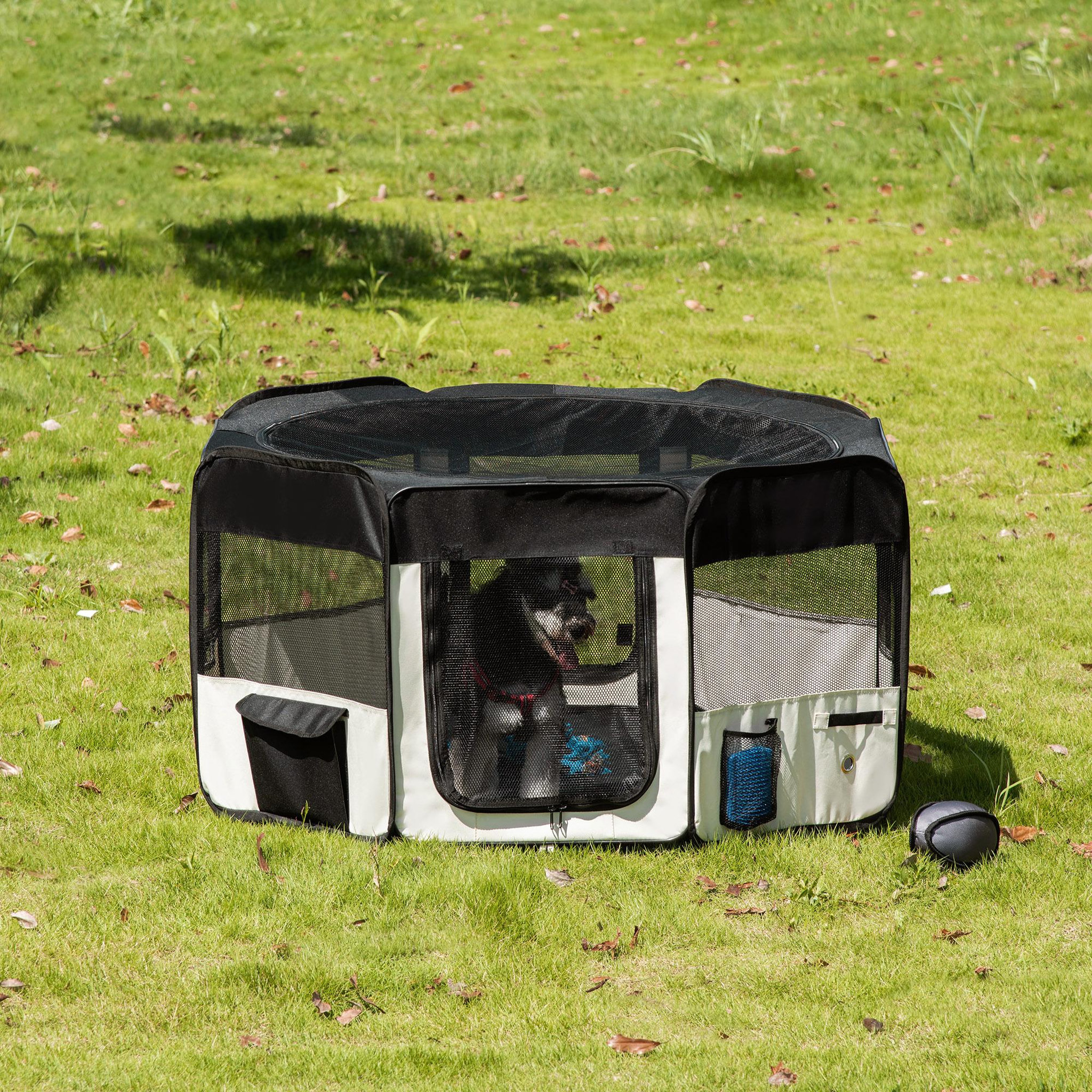 Voir la diapositive 2 : PAWHUT Parc enclos pliable chien chat - ø 120 x 58h cm - acier tissu oxford - crème noir