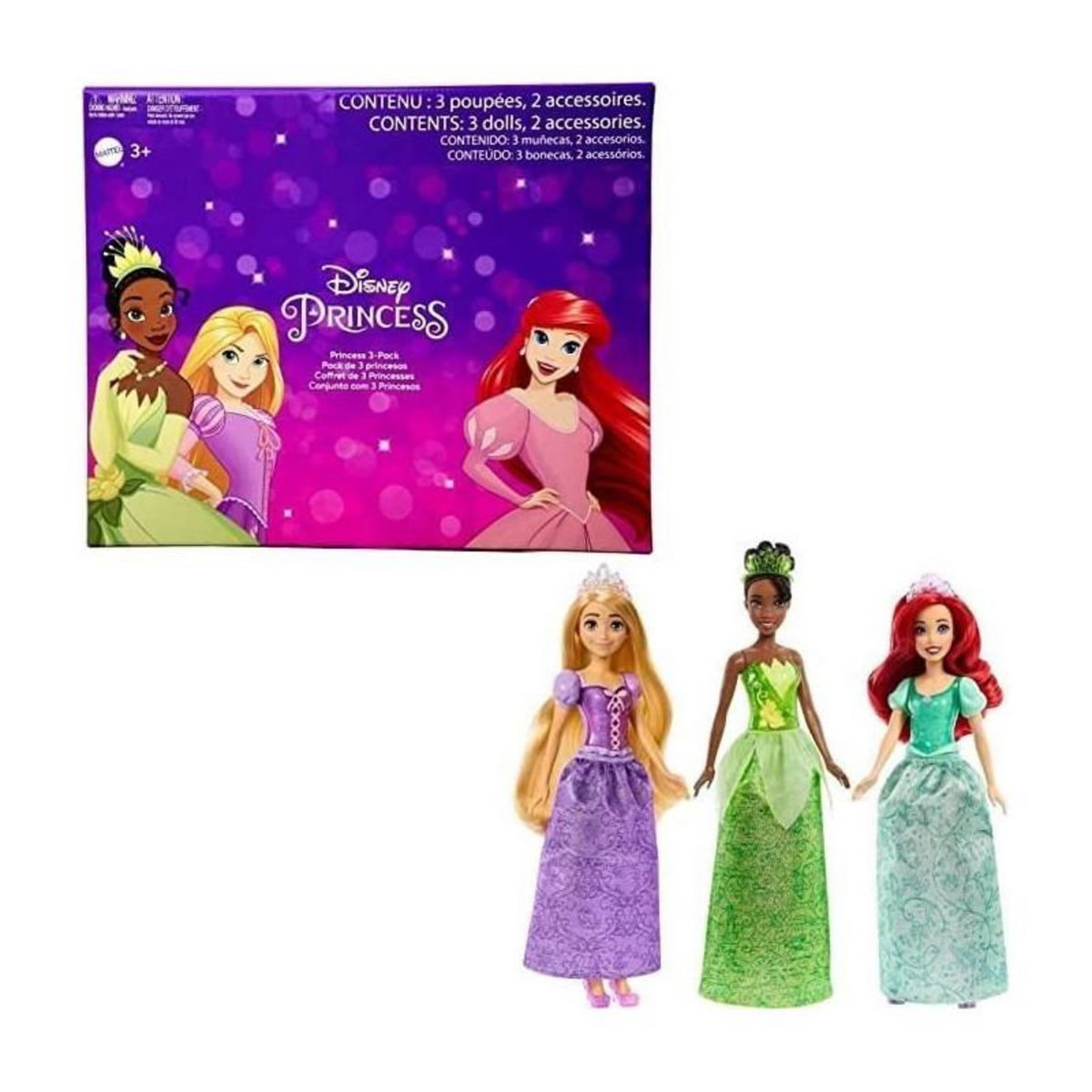 MATTEL Princesses Disney - pack de 3 poupées (Ariel, Tiana, Raiponce)
