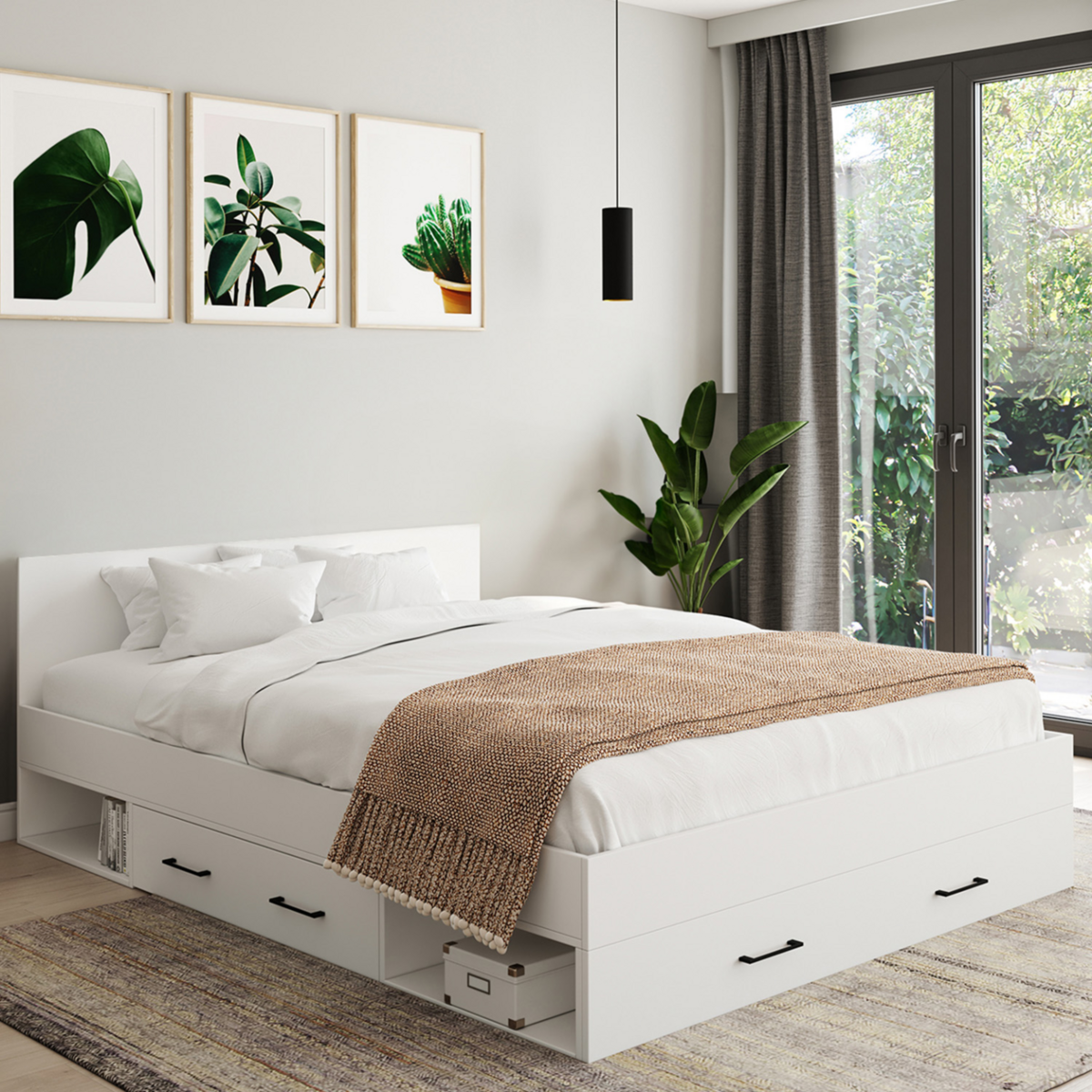 ID MARKET Lit double MINEA avec tiroirs + niches de rangement + tête de lit et sommier 140 x 190 cm blanc