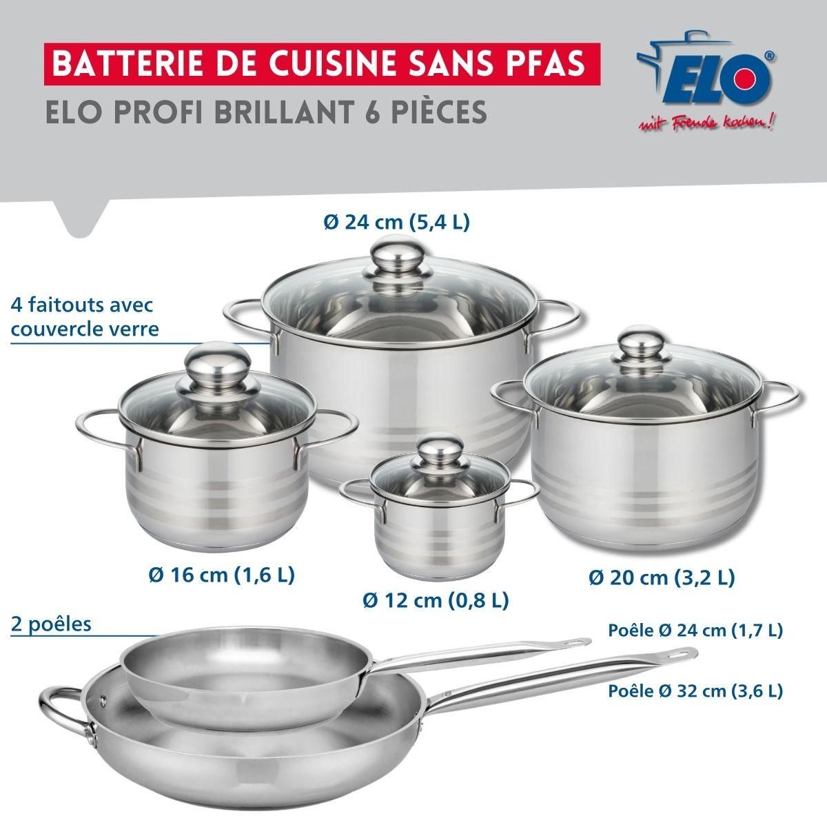 ELO Ensemble de 2 Poêles de cuisson 24 et 32 cm et 4 faitouts 12, 16, 20 et 24 cm Elo Profi Brillant