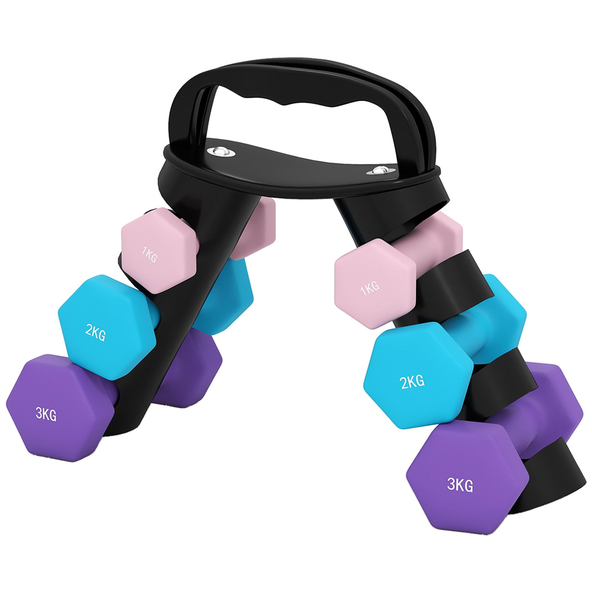 Voir la diapositive 5 : HOMCOM Support noir pour 6 haltères vinyles - 6 haltères incluses total 12 kg - noir rose bleu violet