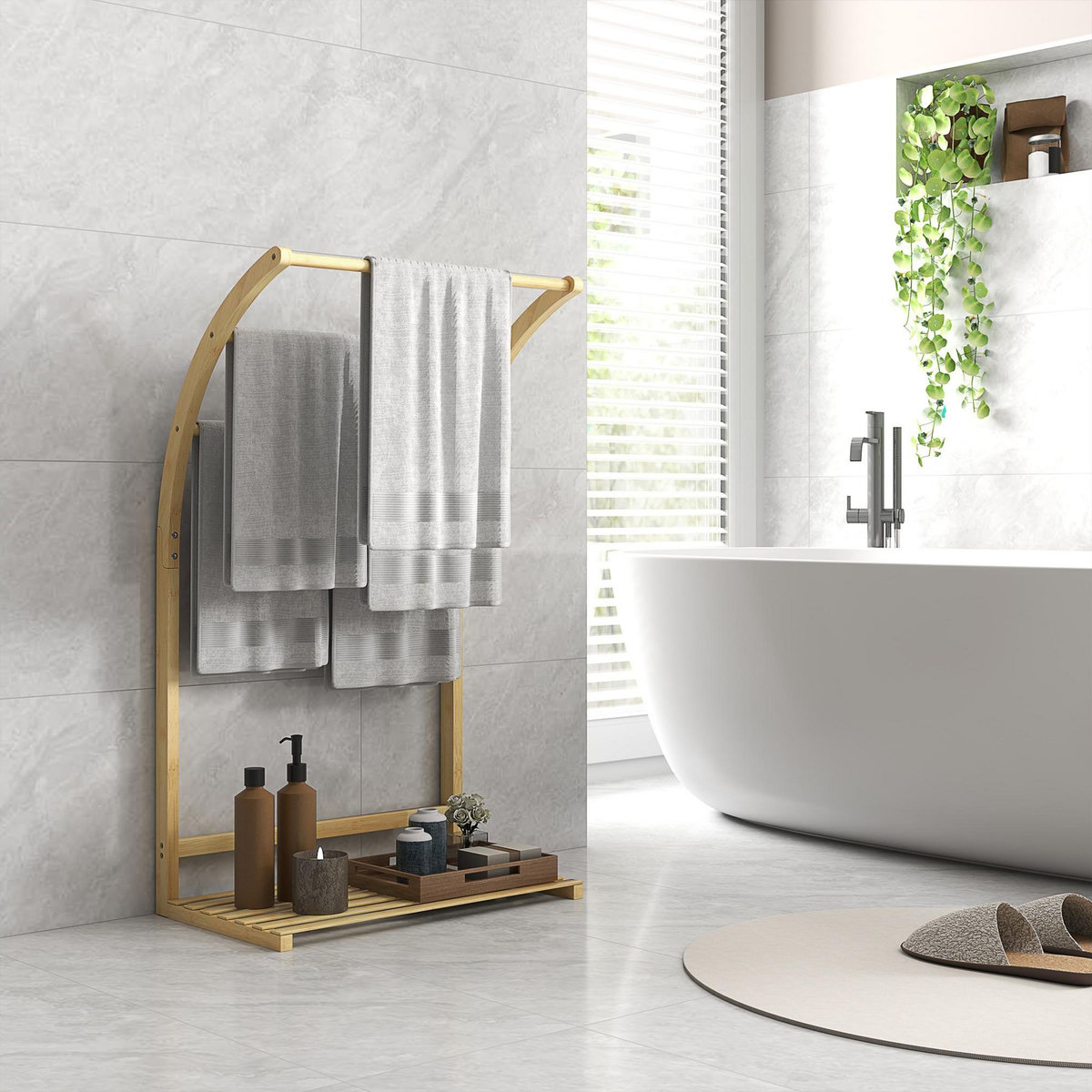 HOMCOM Porte-serviettes style cosy bambou verni 3 barres étagère sol H.84 cm