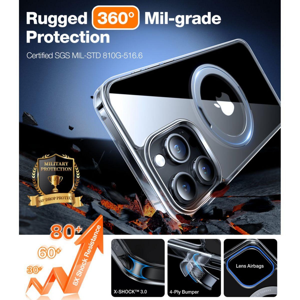 TORRAS Coque intégrale iPhone 15 Pro Max MagSafe + support rot.