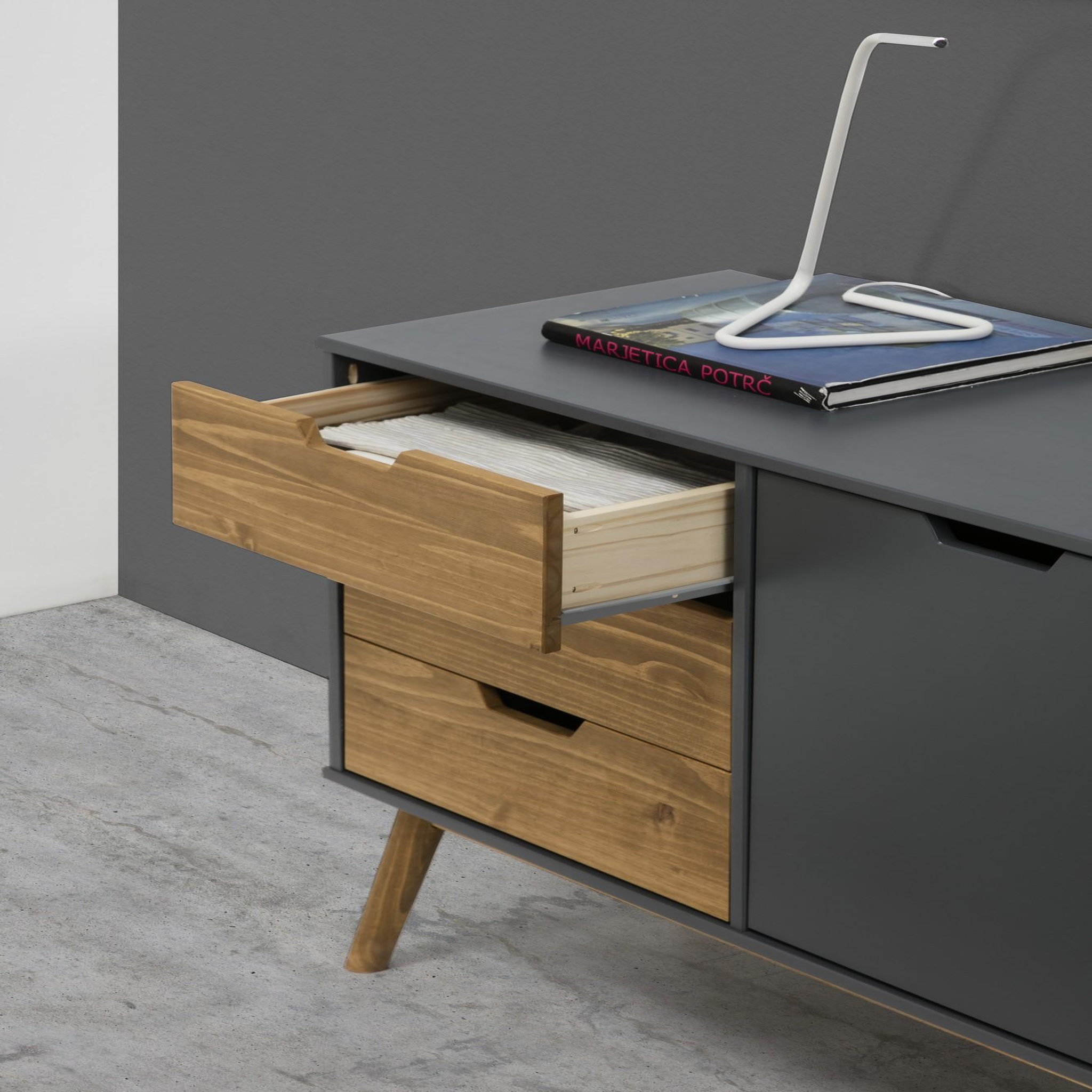 Voir la diapositive 5 : VS VENTA-STOCK Buffet Commode Java 3 tiroir y 2 Porte Anthracite, glissières métalliques, 140 cm