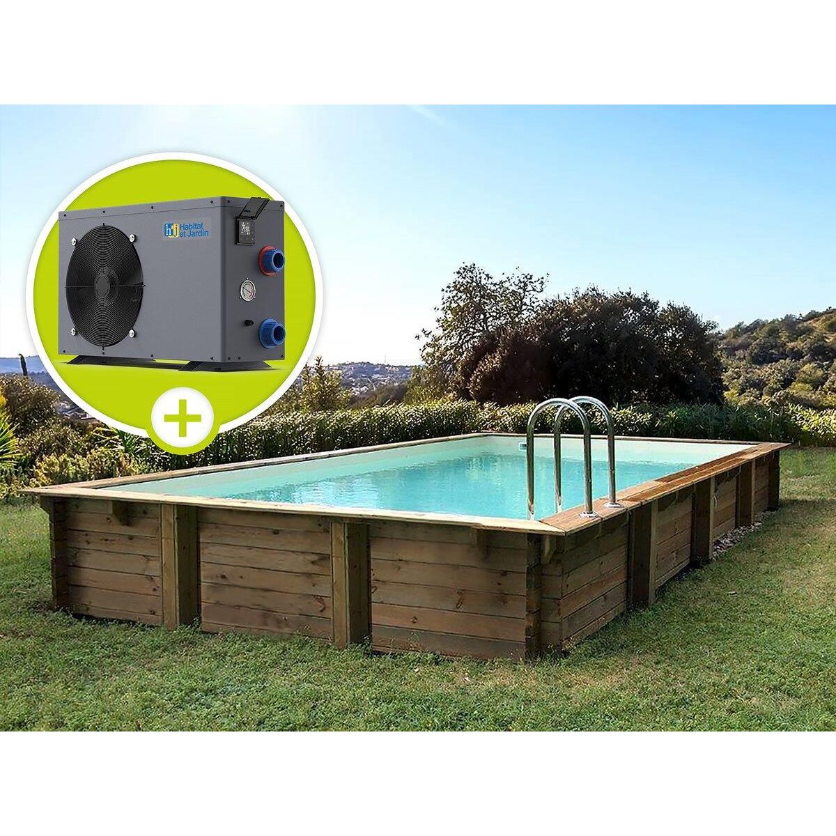 Habitat et Jardin Piscine bois en kit rectangle   Tampa 145   - 7.20 x 4.20 x 1.44 +  Pompe à chaleur - Puissance 6.1 kW