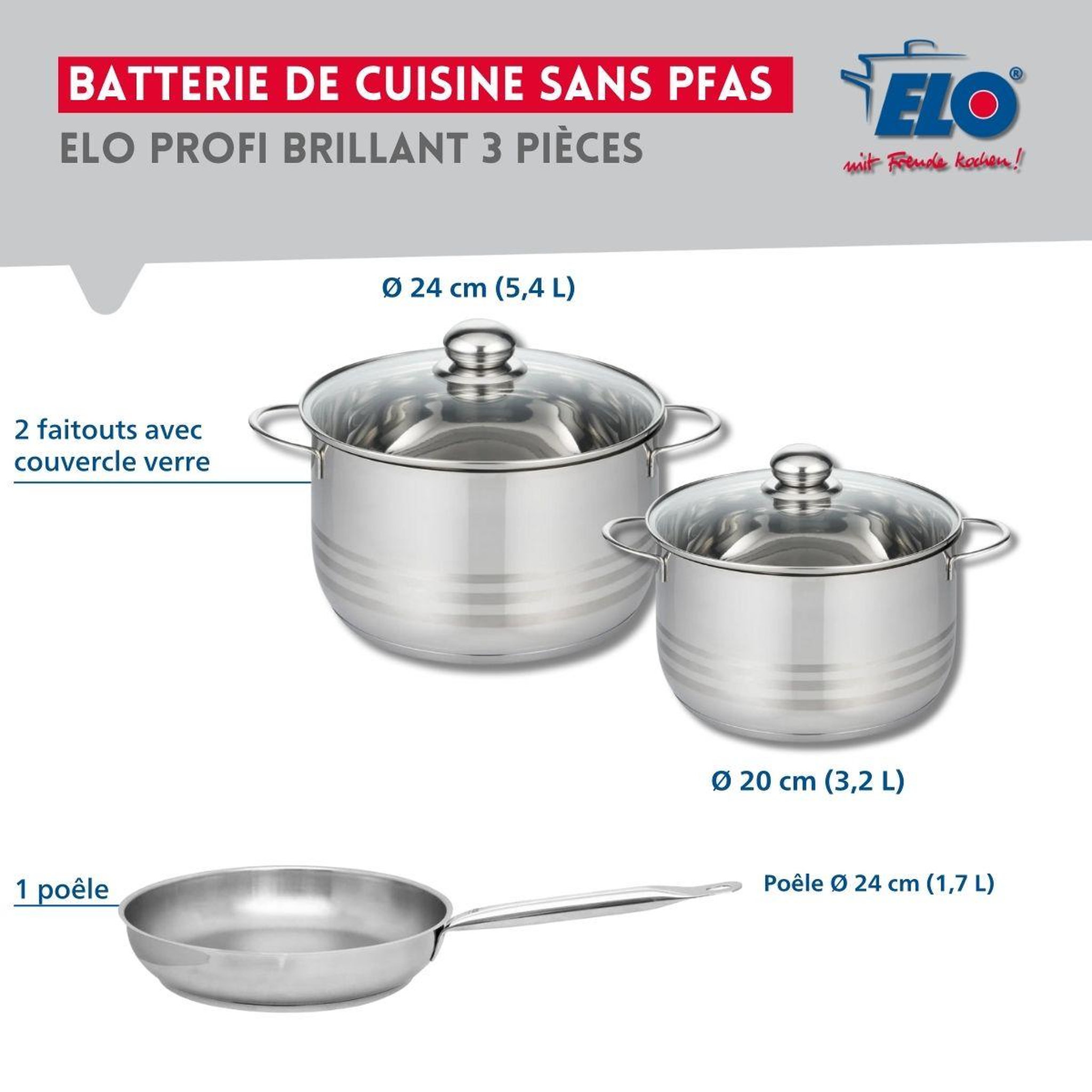 Voir la diapositive 2 : ELO Ensemble de 1 poêle de cuisson 24 cm et 2 faitouts 20 et 24 cm elo profi brillant