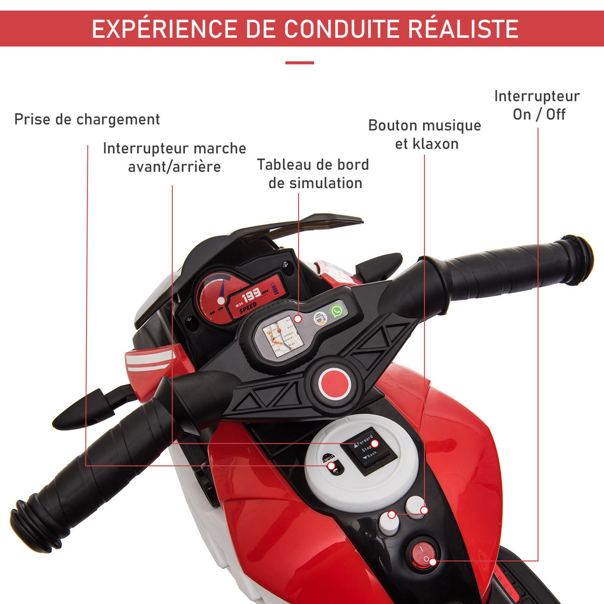 HOMCOM Moto électrique pour enfants 3 roues 6 V 3 Km/h effets lumineux et sonores rouge