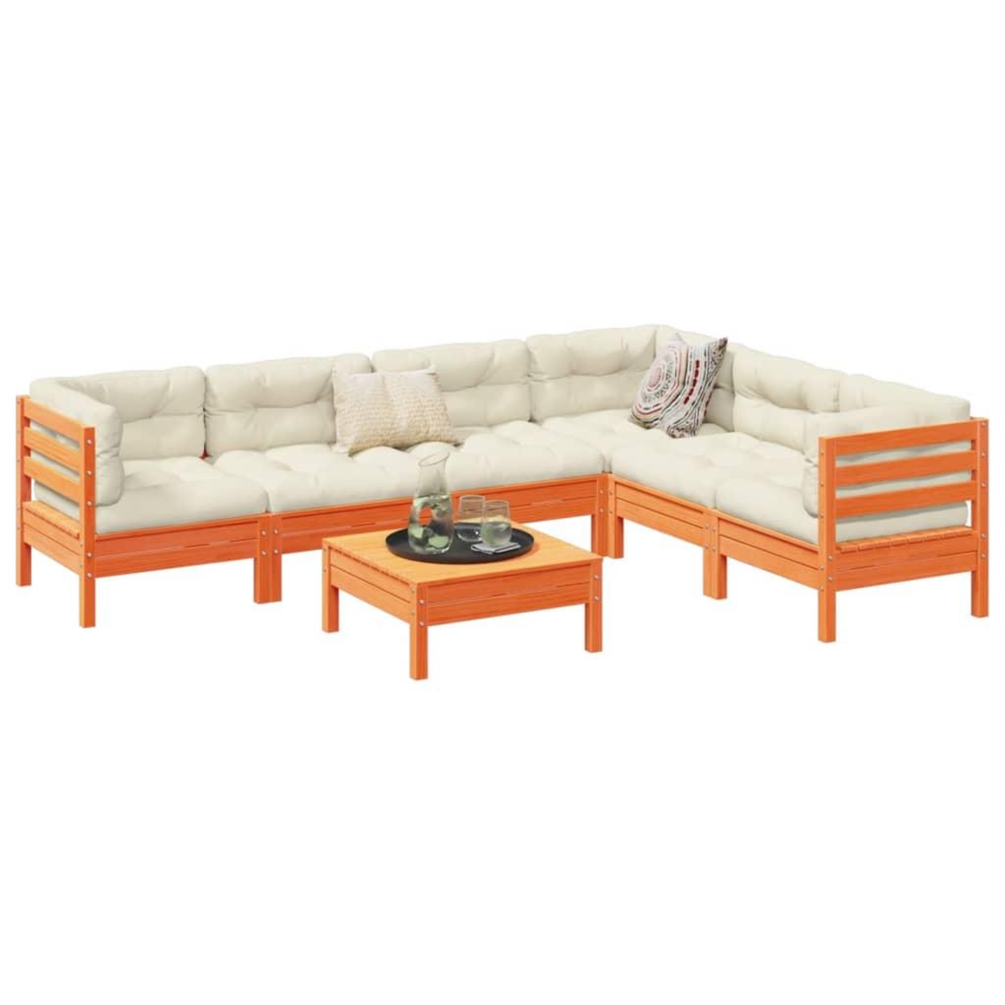 Voir la diapositive 1 : VIDAXL Salon de jardin 7 pcs avec coussins cire marron bois pin massif