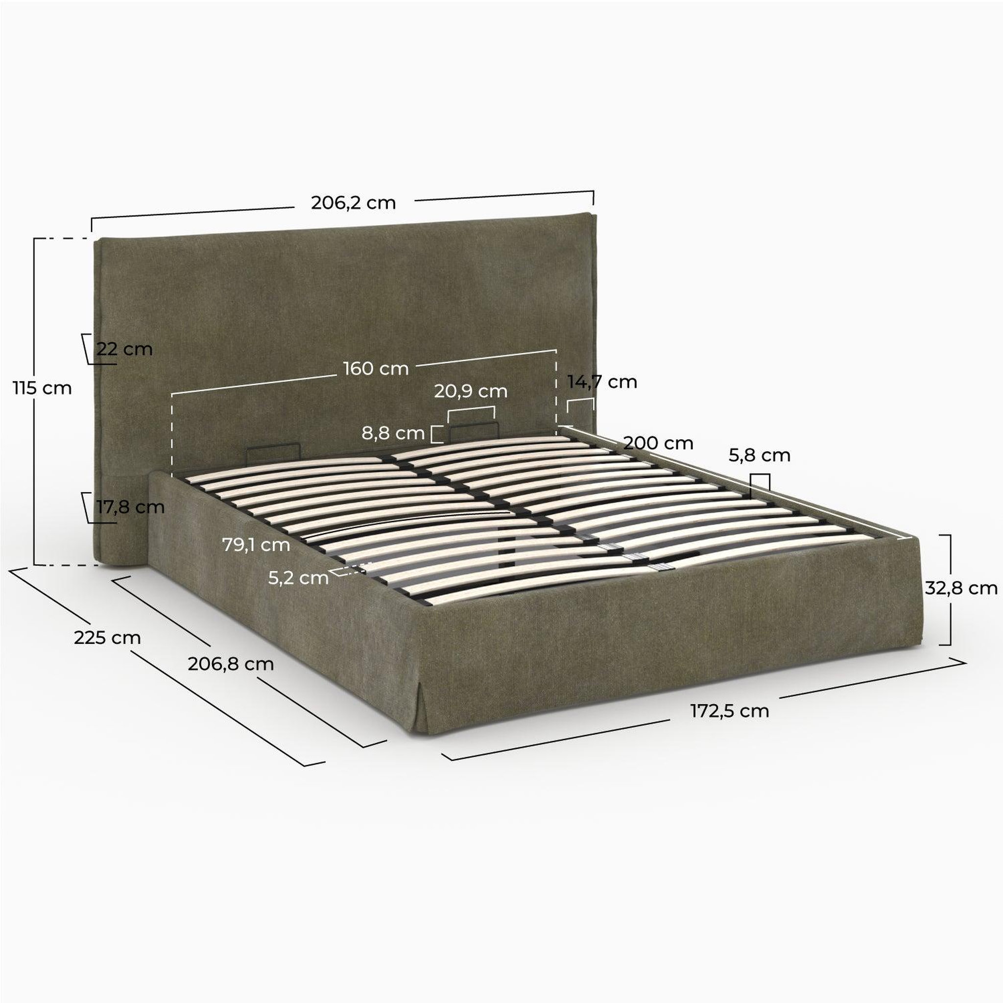 Voir la diapositive 4 : MAISON PAVANE Lit coffre 160x200 cm en tissu vert olive déhoussable-safia