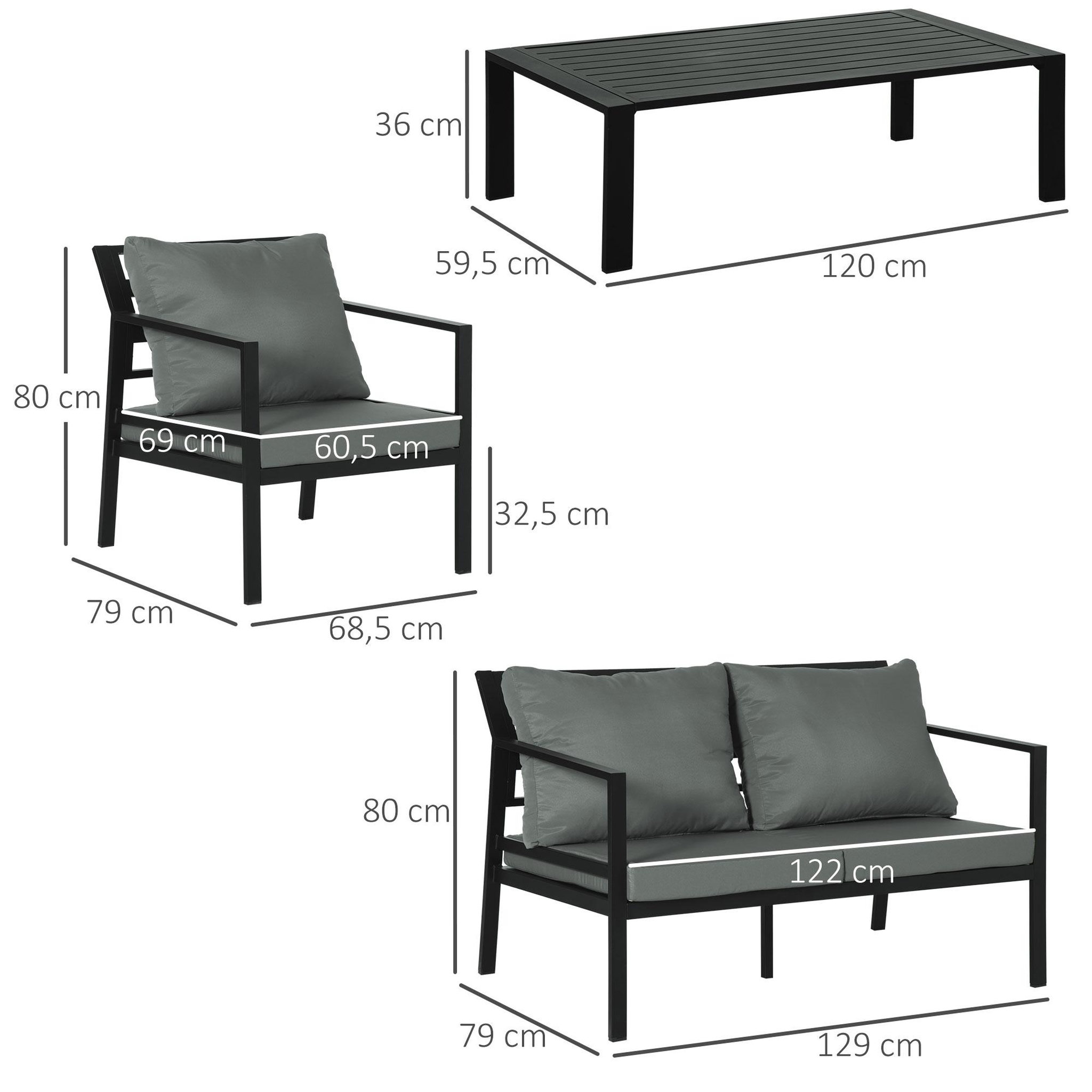 Voir la diapositive 3 : OUTSUNNY Ensemble salon de jardin style yachting design contemporain 4 places 4 pièces avec coussins déhoussables polyester alu. gris