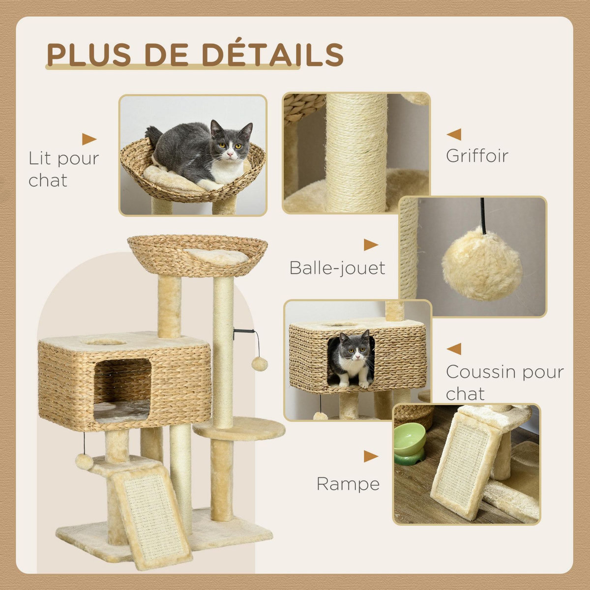 PAWHUT Arbre à chat style cosy chic griffoirs sisal naturel équipement multiple peluche jacinthe d'eau beige