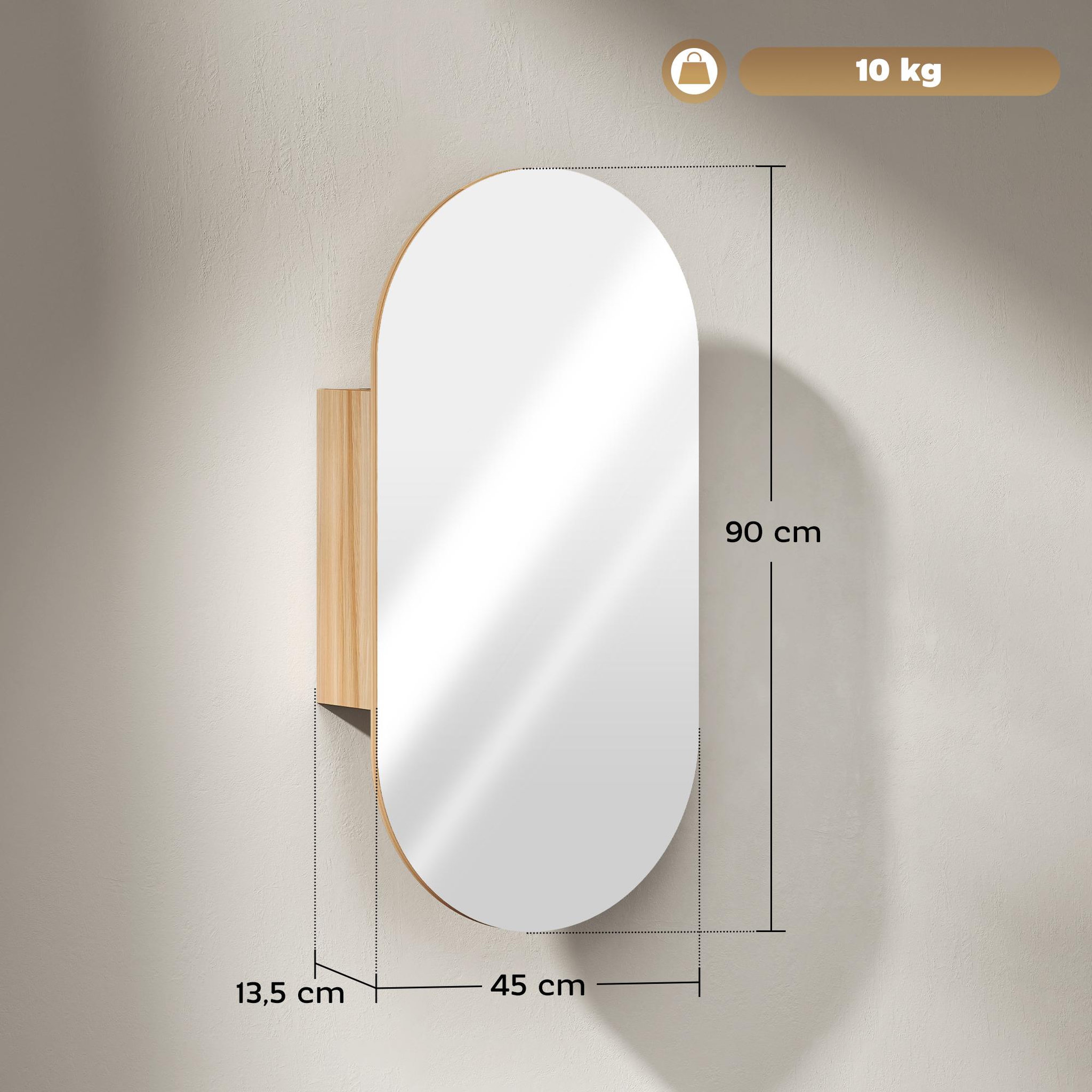 Voir la diapositive 3 : HOMCOM Armoire miroir design ovale dim. 45 x 90 cm étagère effet bois clair