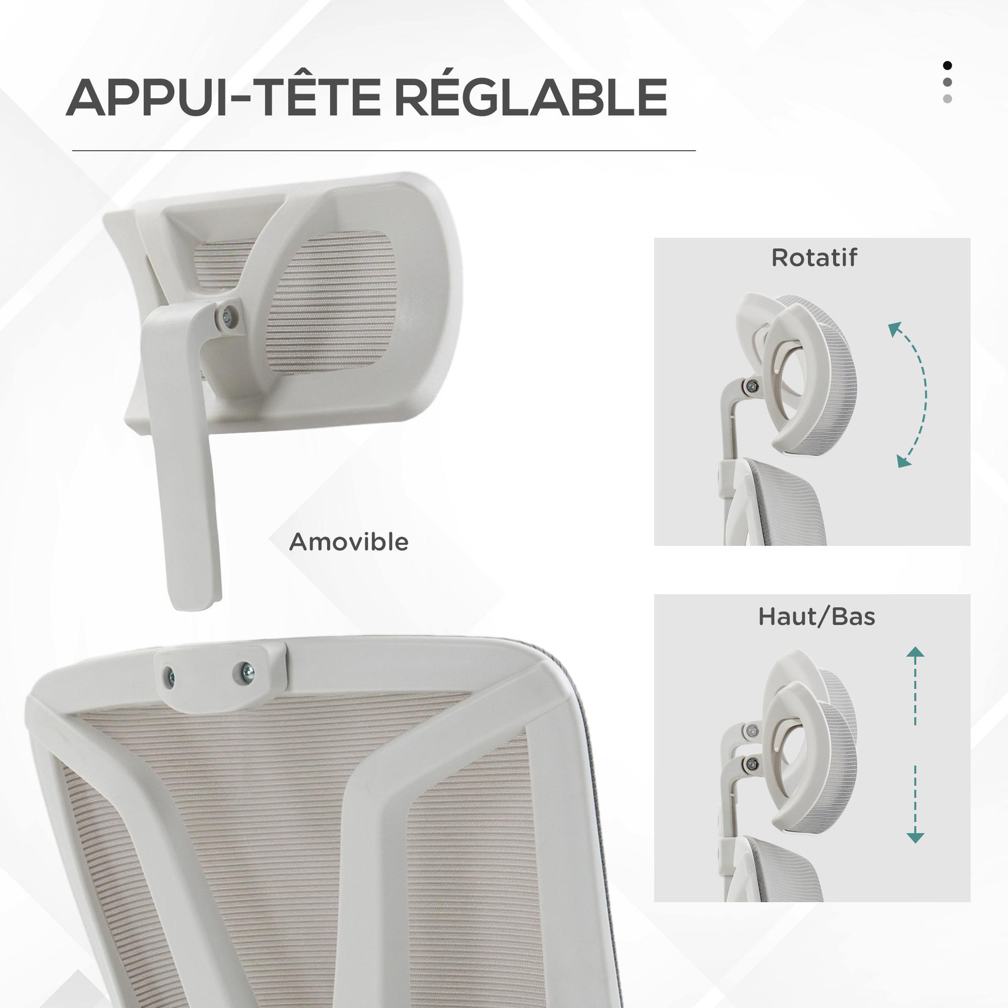 Voir la diapositive 6 : VINSETTO Fauteuil de bureau ergonomique inclinable réglable - repose-pied rétractable, support lombaires, tétière ajustable - blanc gris