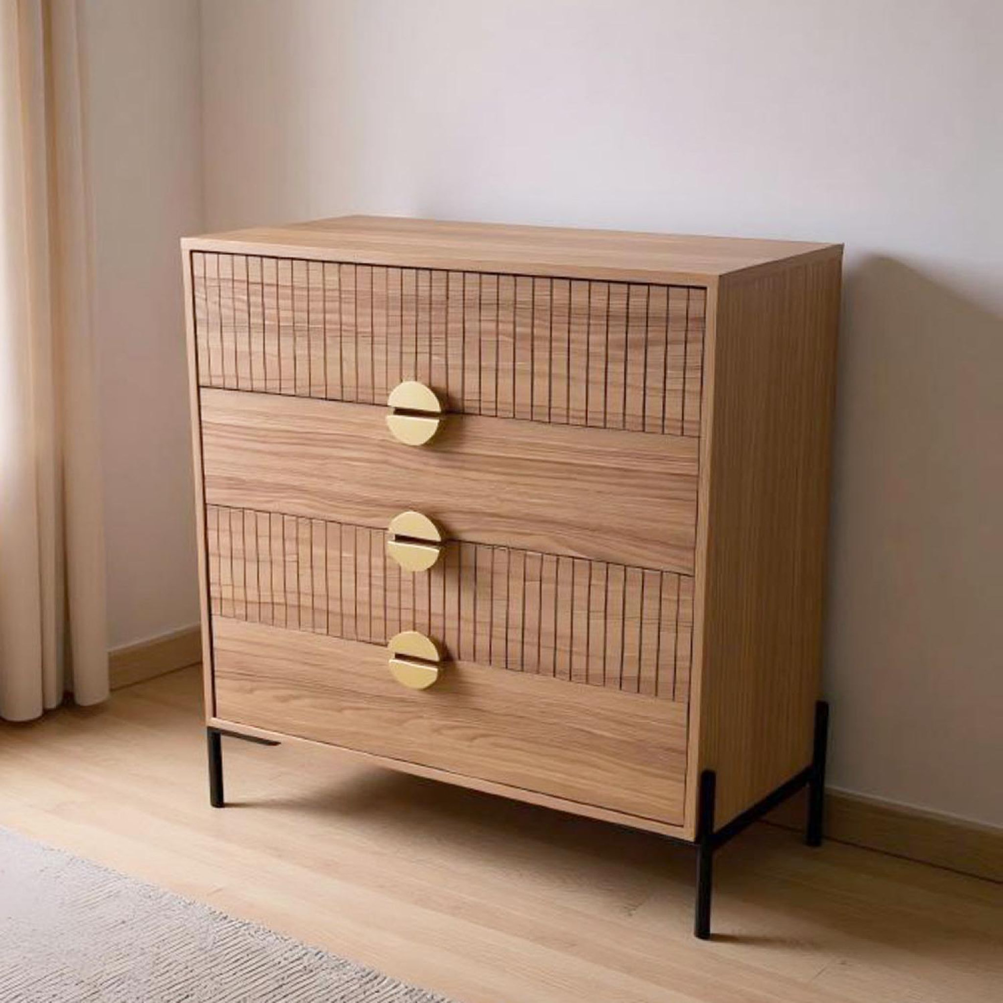 Voir la diapositive 3 : CONCEPT USINE Commode 4 tiroirs décor bois rainuré 84cm vallo