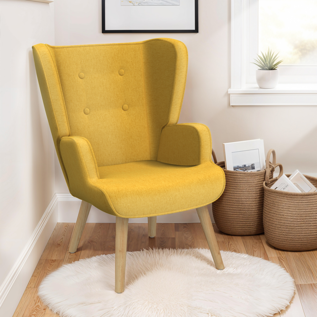 ID MARKET Fauteuil scandinave SVEN grand confort en tissu jaune